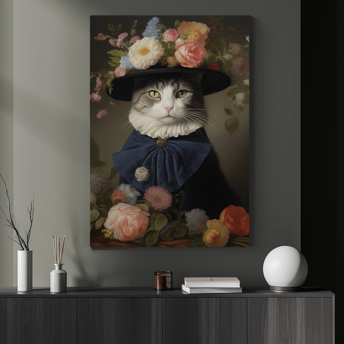 Cat Lady Wear Hat, Victorian Cat Canvas Painting, Victorian Animal Wall Art Decor, Poster Gift For Cat And Books Lovers