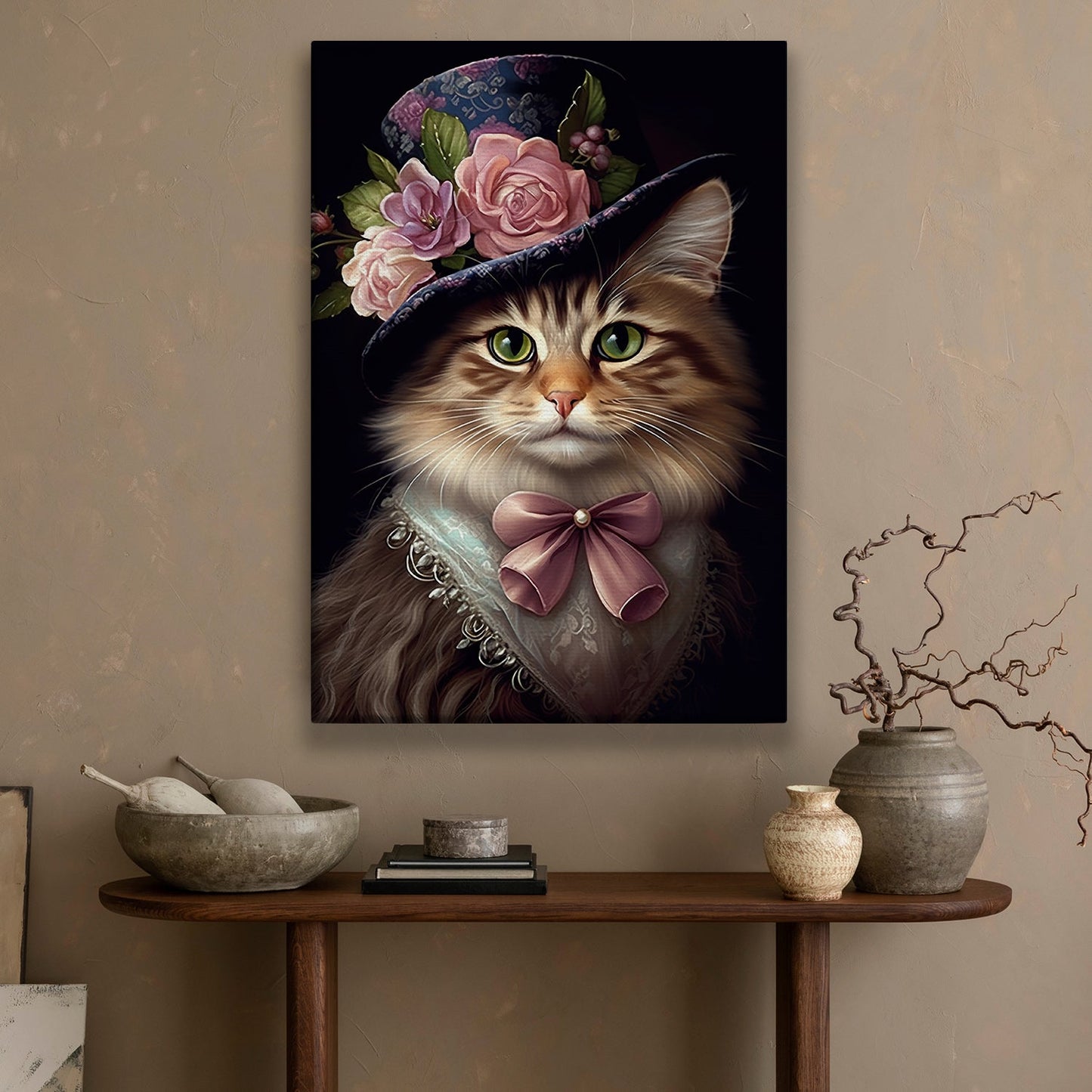 Dressed Up Cat, Victorian Canvas Painting, Mystical Wall Art Decor, Poster Gift For Cat And Books Lovers