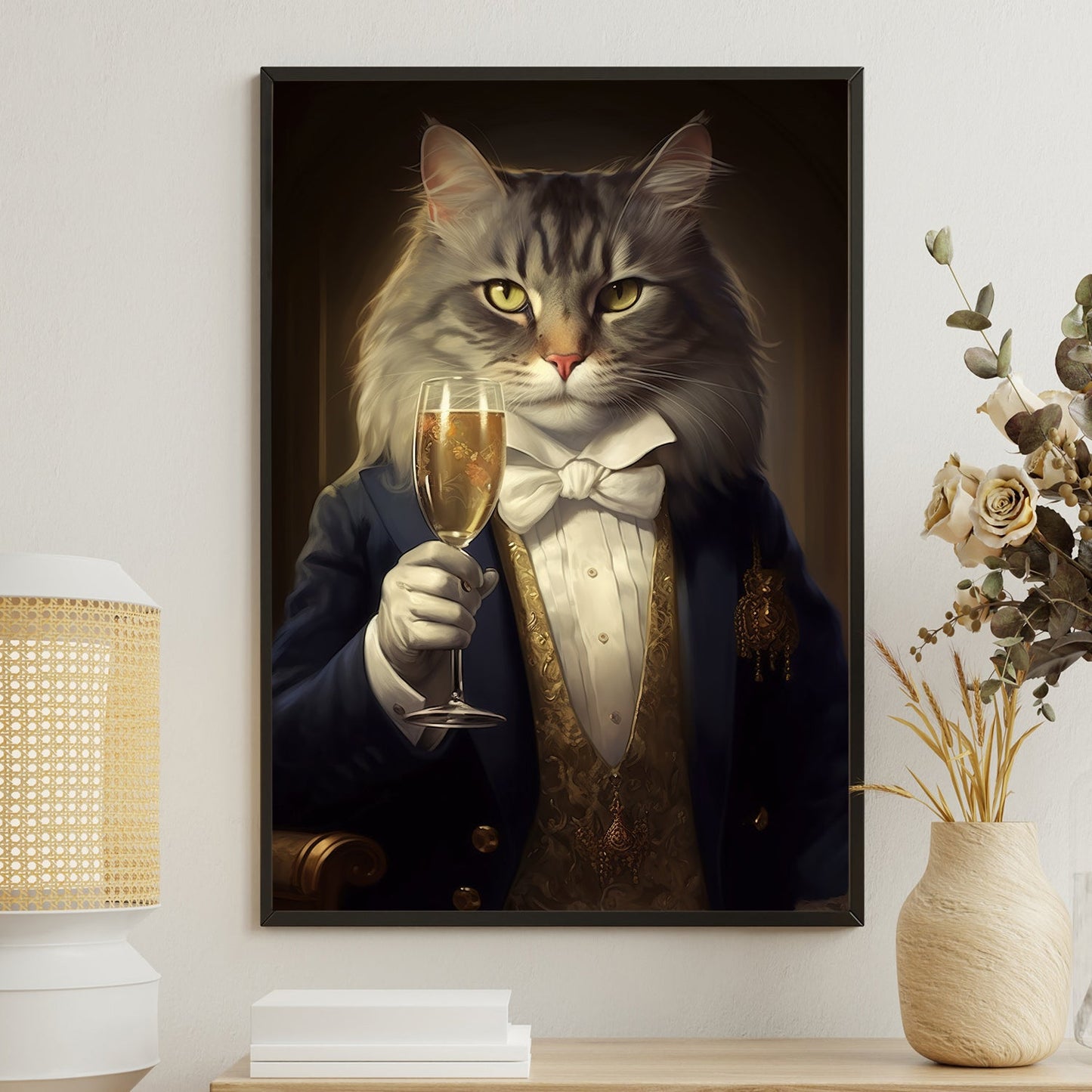 Gentleman Cat With Dress, Victorian Canvas Painting, Mystical Wall Art Decor, Poster Gift For Cat And Books Lovers