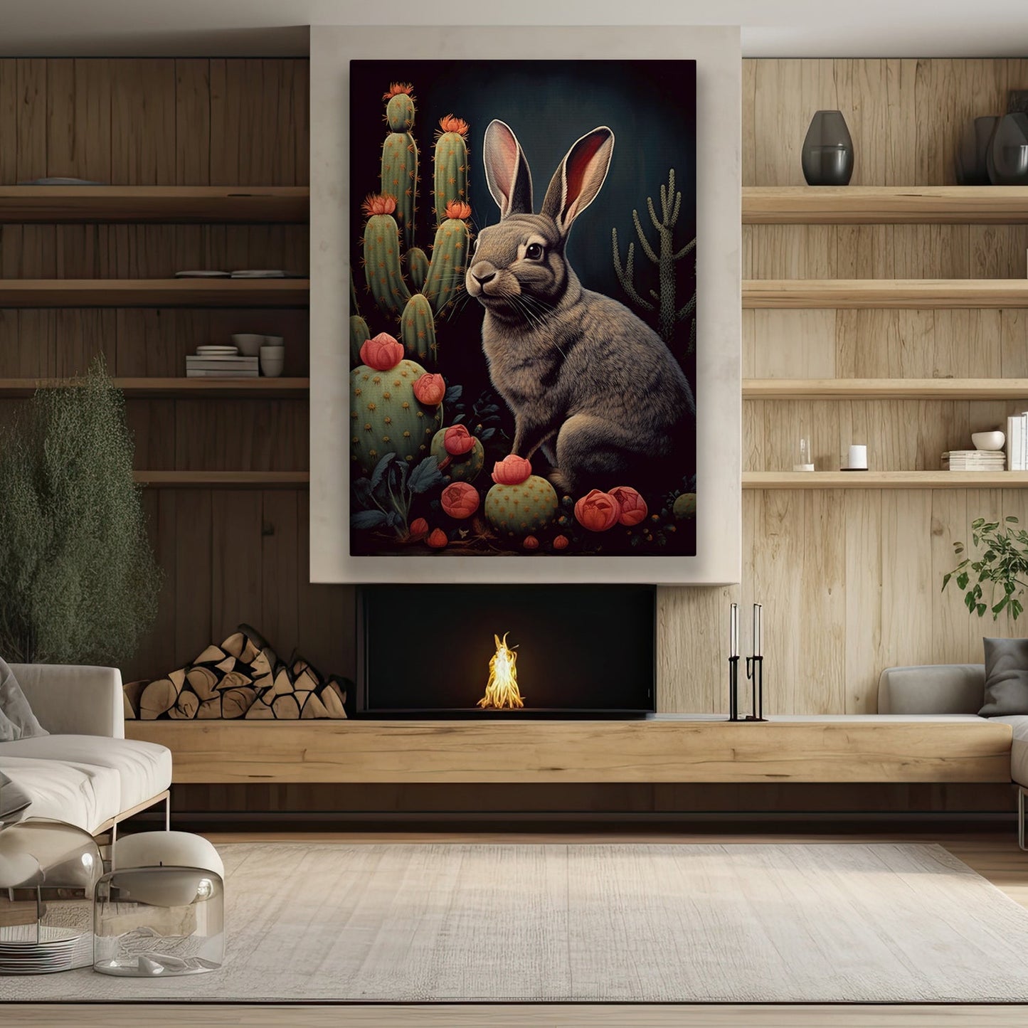 Bunny Next To Cactus, Victorian Rabbit Canvas Painting, Forest Wall Art Decor, Poster Gift For Rabbit Lovers