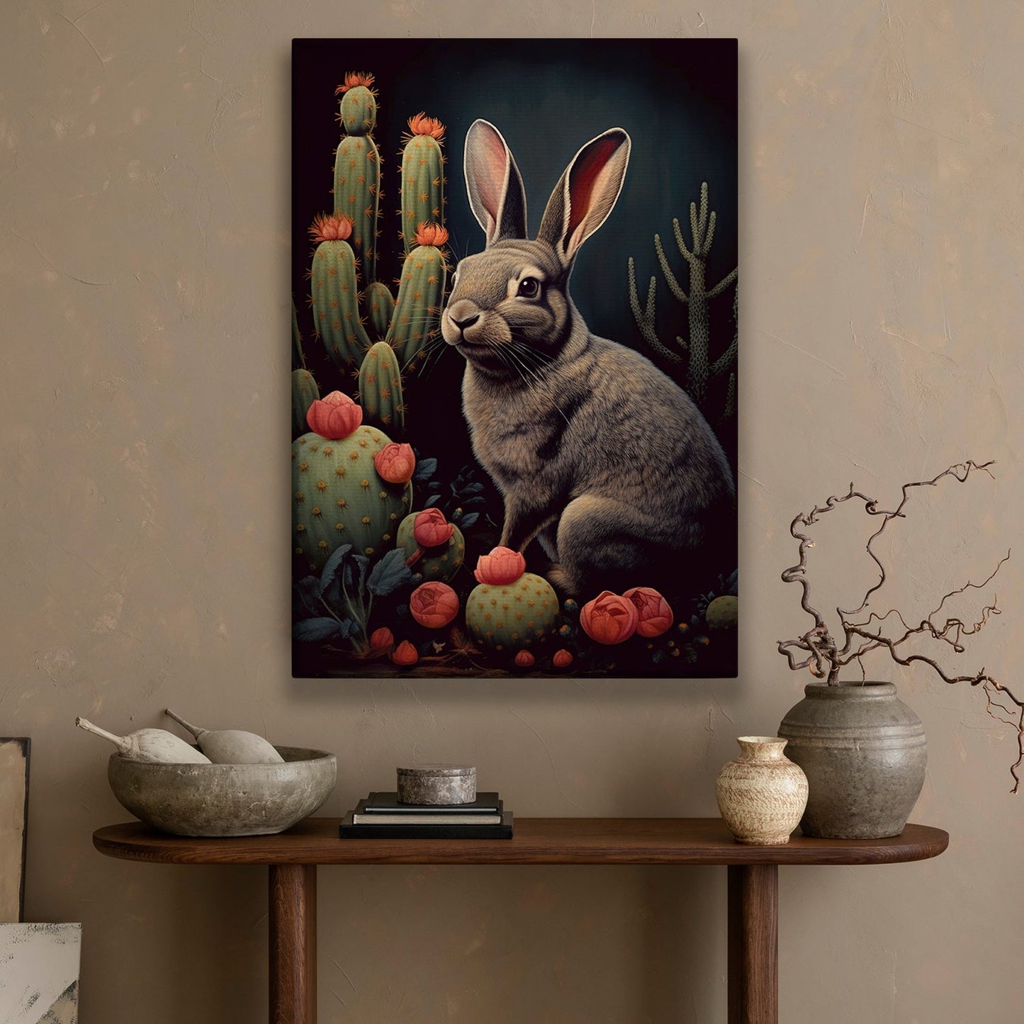 Bunny Next To Cactus, Victorian Rabbit Canvas Painting, Forest Wall Art Decor, Poster Gift For Rabbit Lovers