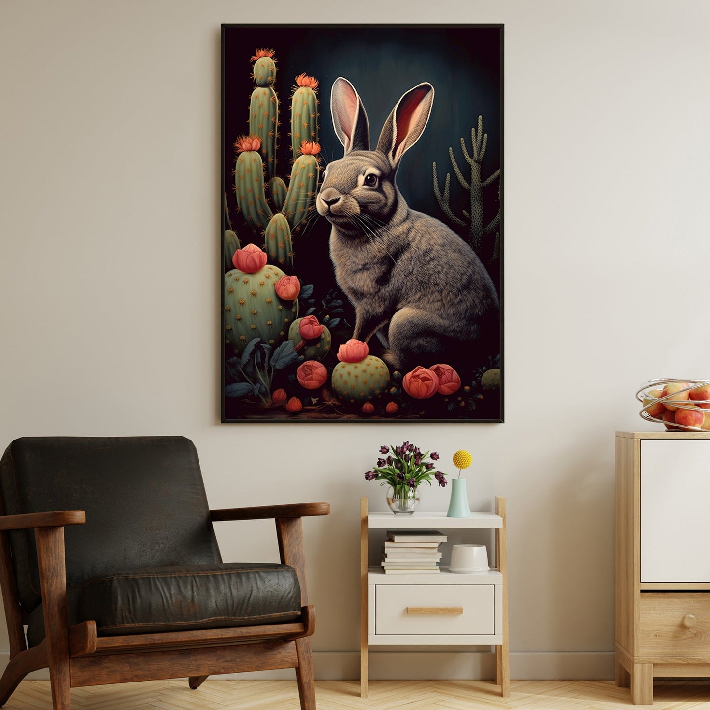 Bunny Next To Cactus, Victorian Rabbit Canvas Painting, Forest Wall Art Decor, Poster Gift For Rabbit Lovers