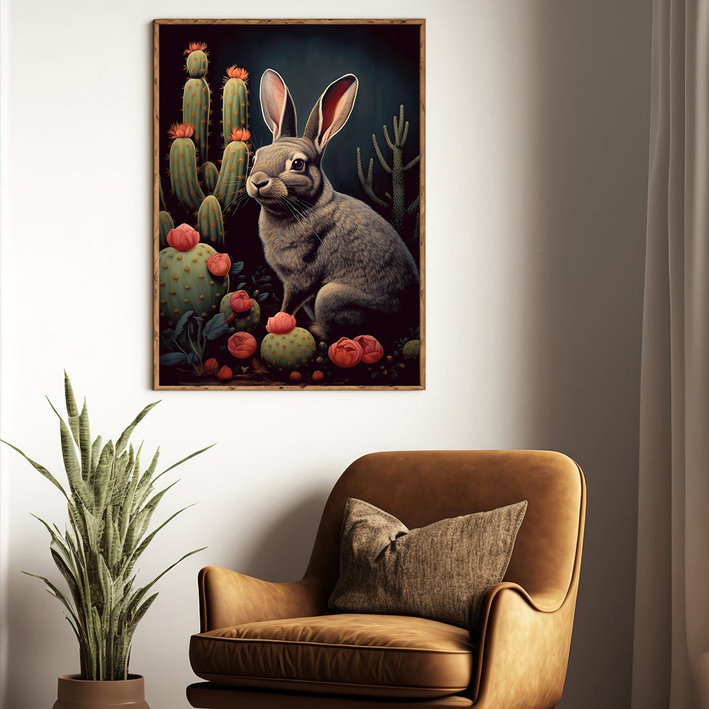 Bunny Next To Cactus, Victorian Rabbit Canvas Painting, Forest Wall Art Decor, Poster Gift For Rabbit Lovers