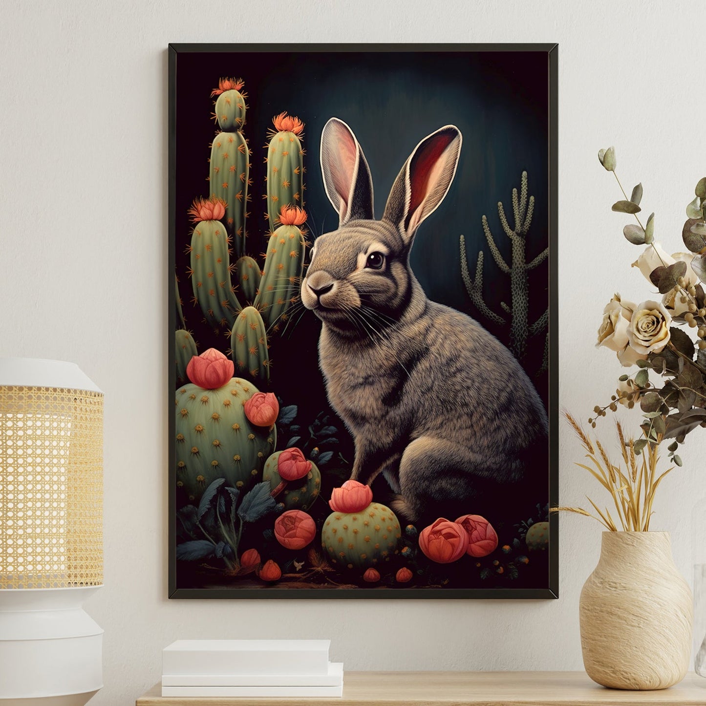 Bunny Next To Cactus, Victorian Rabbit Canvas Painting, Forest Wall Art Decor, Poster Gift For Rabbit Lovers