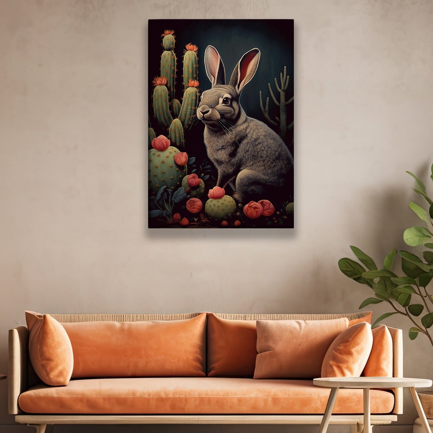 Bunny Next To Cactus, Victorian Rabbit Canvas Painting, Forest Wall Art Decor, Poster Gift For Rabbit Lovers