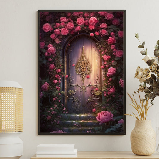 Secret Garden Rose Door, Modern Flower Canvas Painting, Rose Wall Art Decor, Poster Gift For Roses Lovers