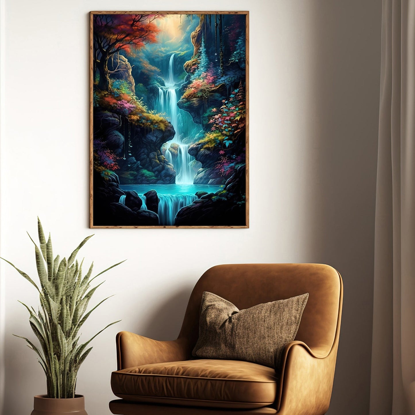 Enchanted Waterfall With Colorful Trees, Fantasy Canvas Painting, Landscape Wall Art Decor, Mystery Poster Gift