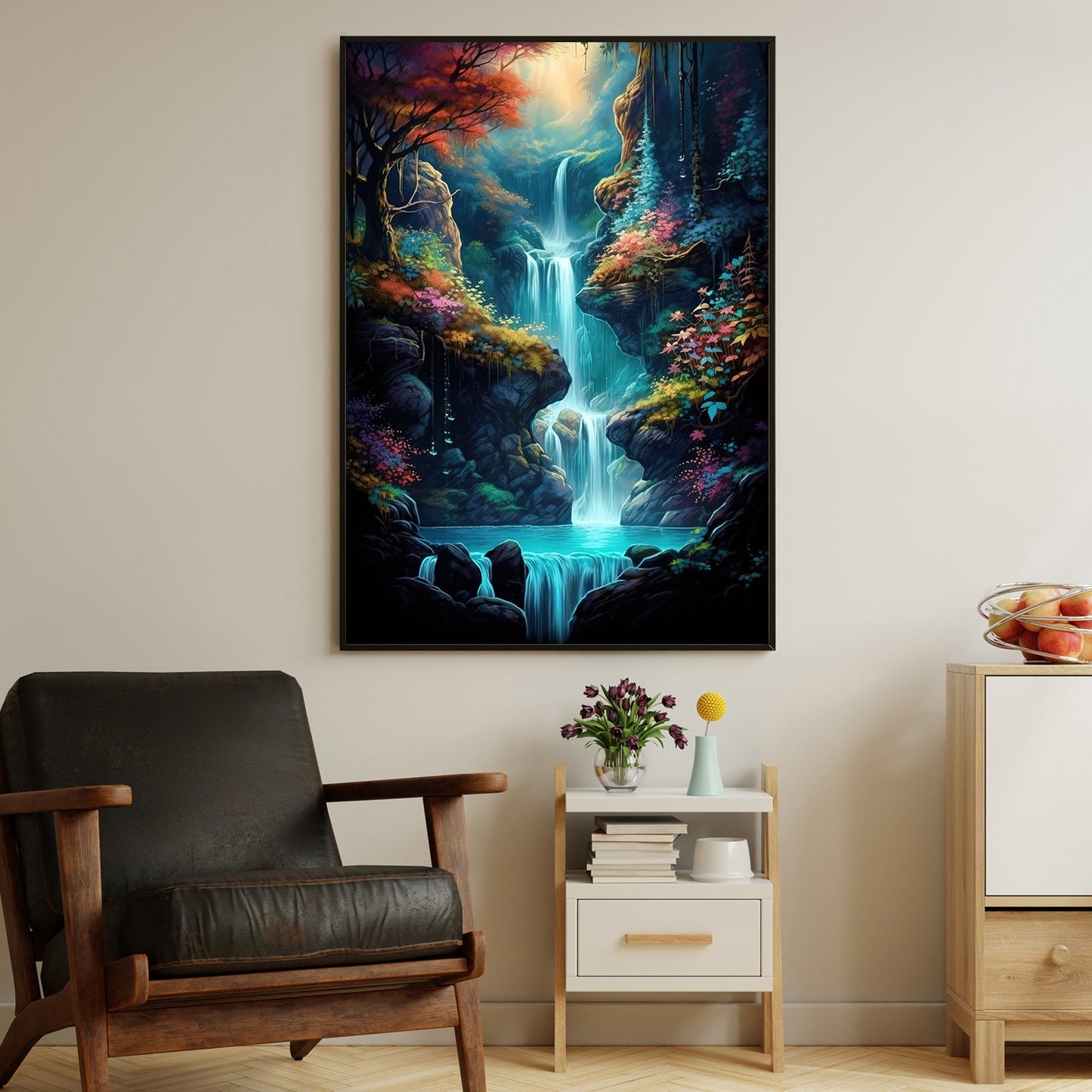 Enchanted Waterfall With Colorful Trees, Fantasy Canvas Painting, Landscape Wall Art Decor, Mystery Poster Gift