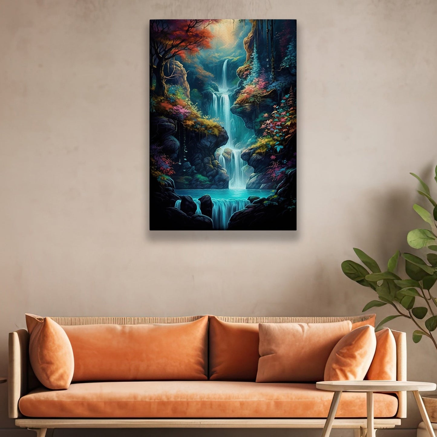 Enchanted Waterfall With Colorful Trees, Fantasy Canvas Painting, Landscape Wall Art Decor, Mystery Poster Gift