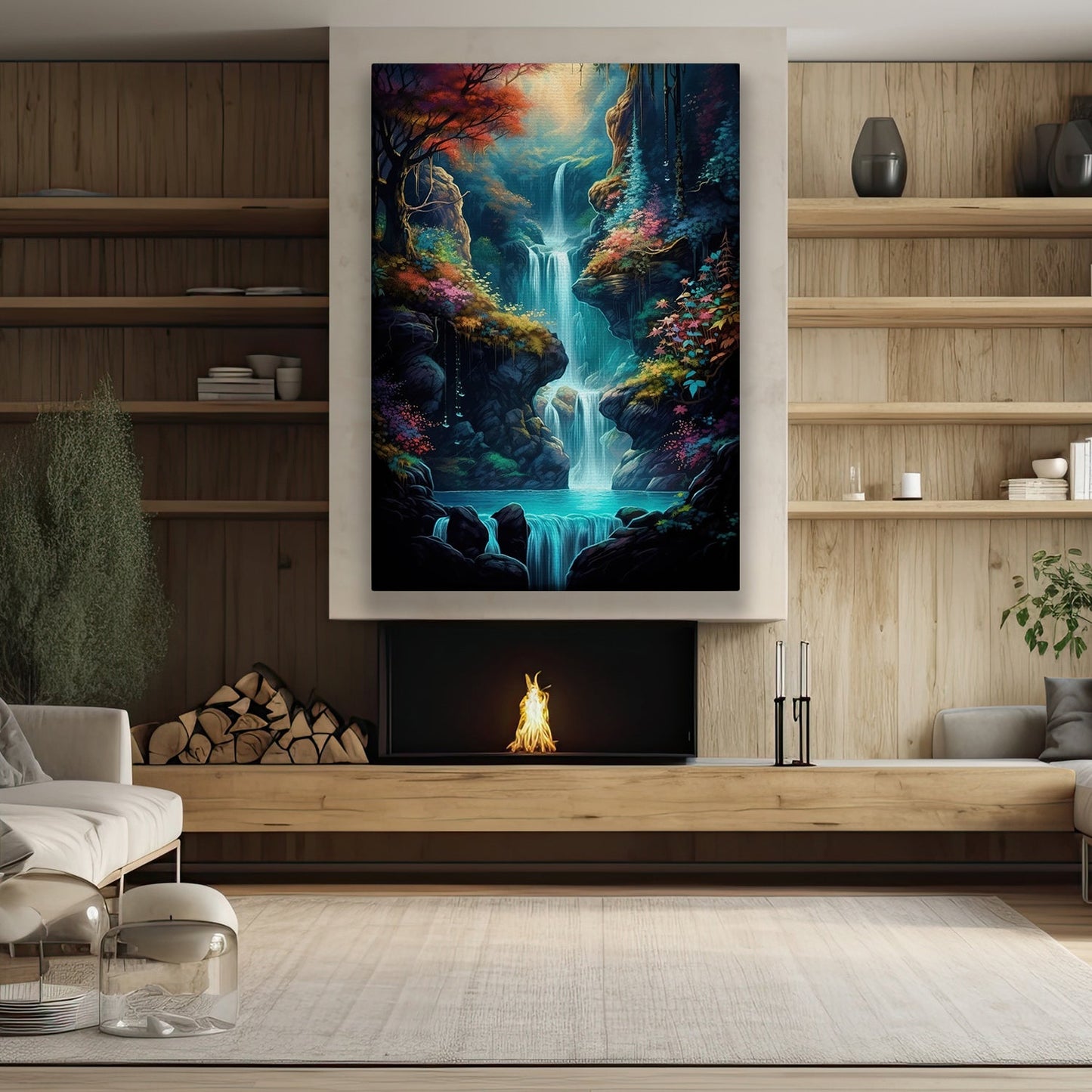 Enchanted Waterfall With Colorful Trees, Fantasy Canvas Painting, Landscape Wall Art Decor, Mystery Poster Gift