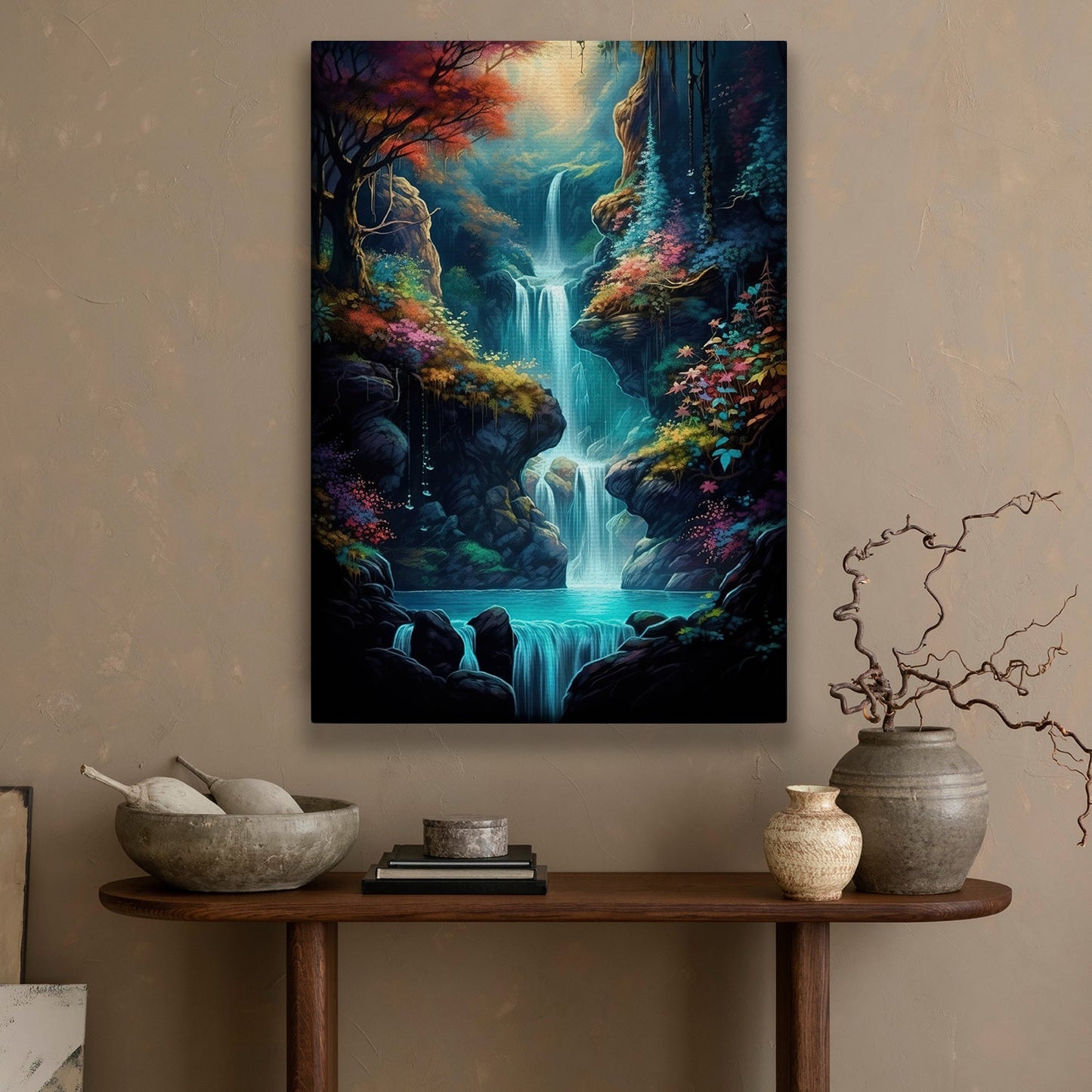 Enchanted Waterfall With Colorful Trees, Fantasy Canvas Painting, Landscape Wall Art Decor, Mystery Poster Gift