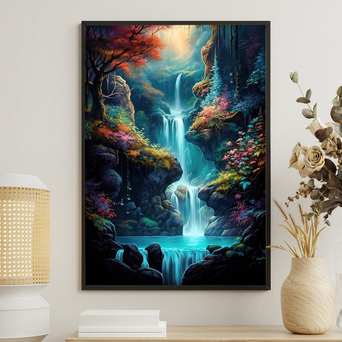 Enchanted Waterfall With Colorful Trees, Fantasy Canvas Painting, Landscape Wall Art Decor, Mystery Poster Gift