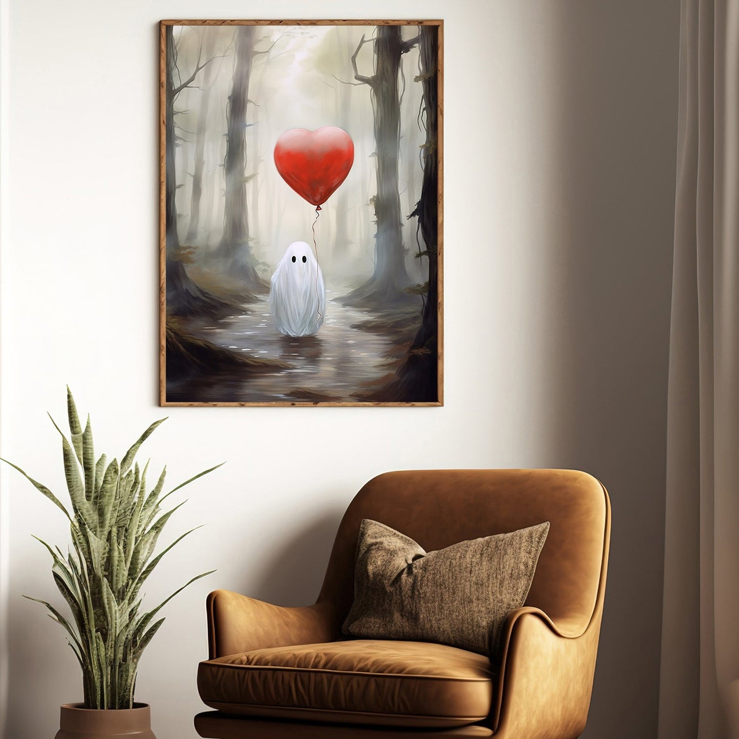 Ghost Hold Heart Balloon, Ghost Canvas Painting, Forest Wall Art Decor, Spooky Poster Gift