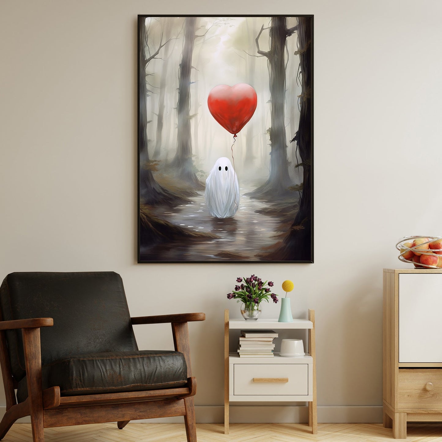 Ghost Hold Heart Balloon, Ghost Canvas Painting, Forest Wall Art Decor, Spooky Poster Gift