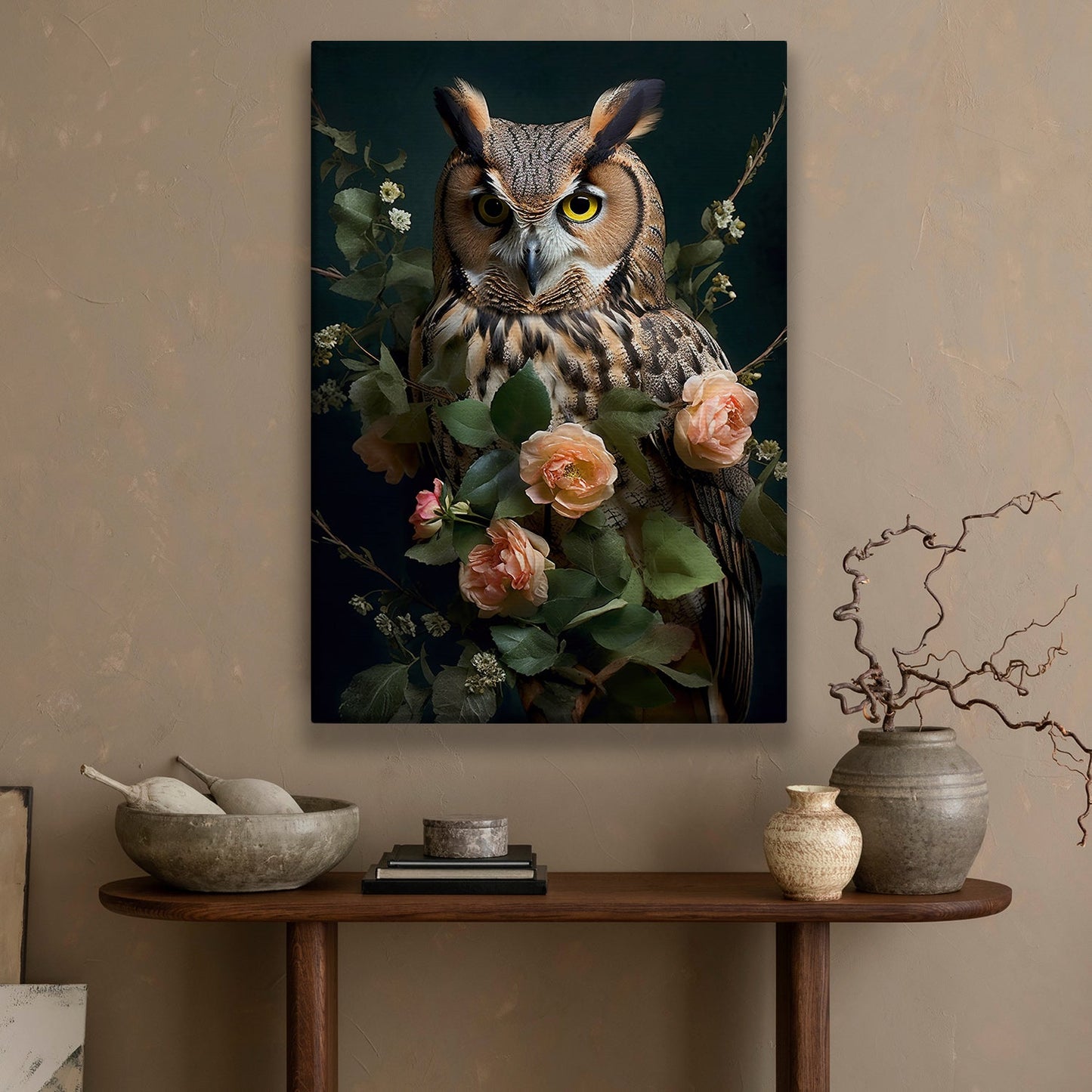 Owl On Rose Branch, Owl Canvas Painting, Morden Flowers Wall Art Decor, Poster Gift For Owl Lovers