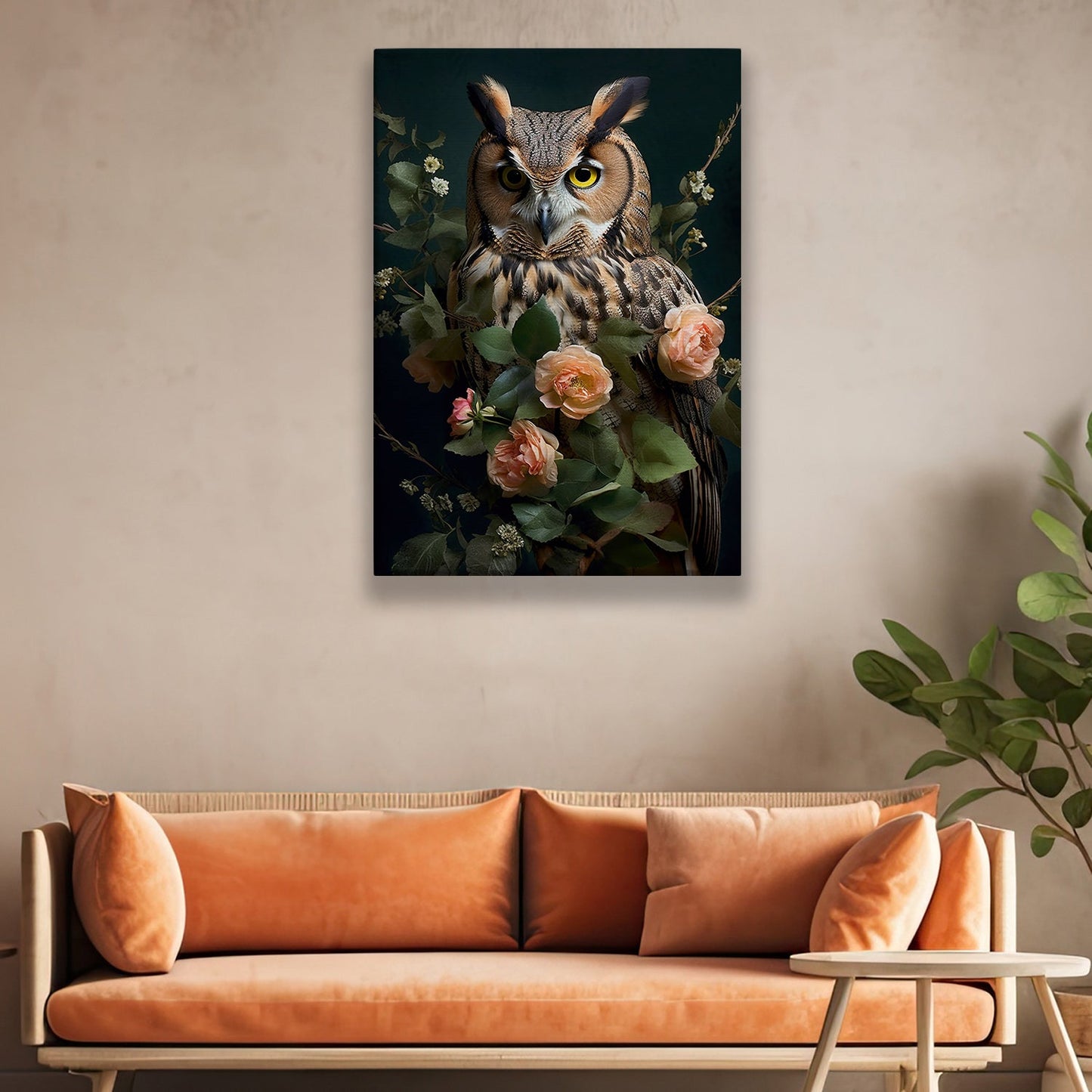 Owl On Rose Branch, Owl Canvas Painting, Morden Flowers Wall Art Decor, Poster Gift For Owl Lovers