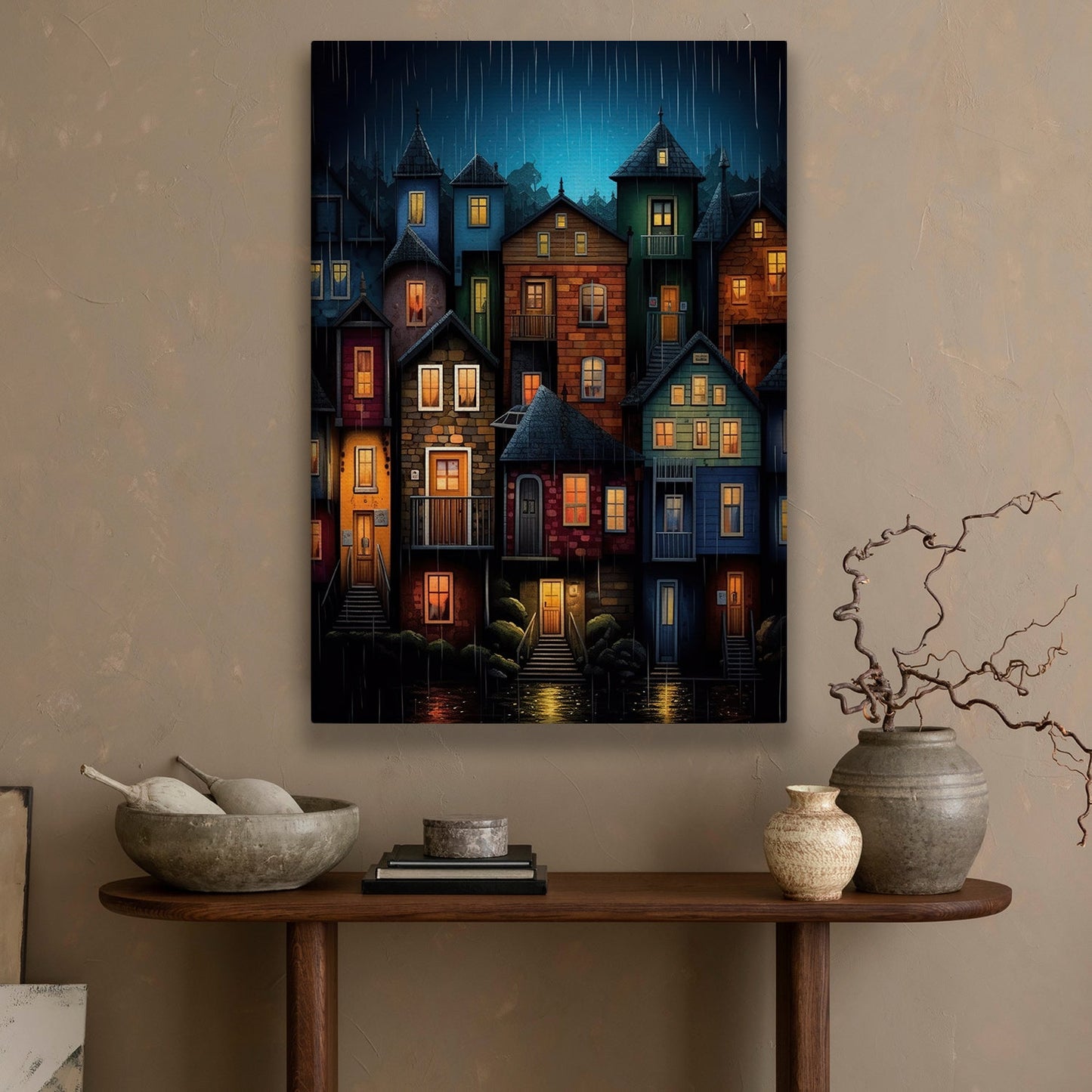 Colorful Houses At Night, House Canvas Painting, Village Wall Art Decor, Charming Town Poster Gift