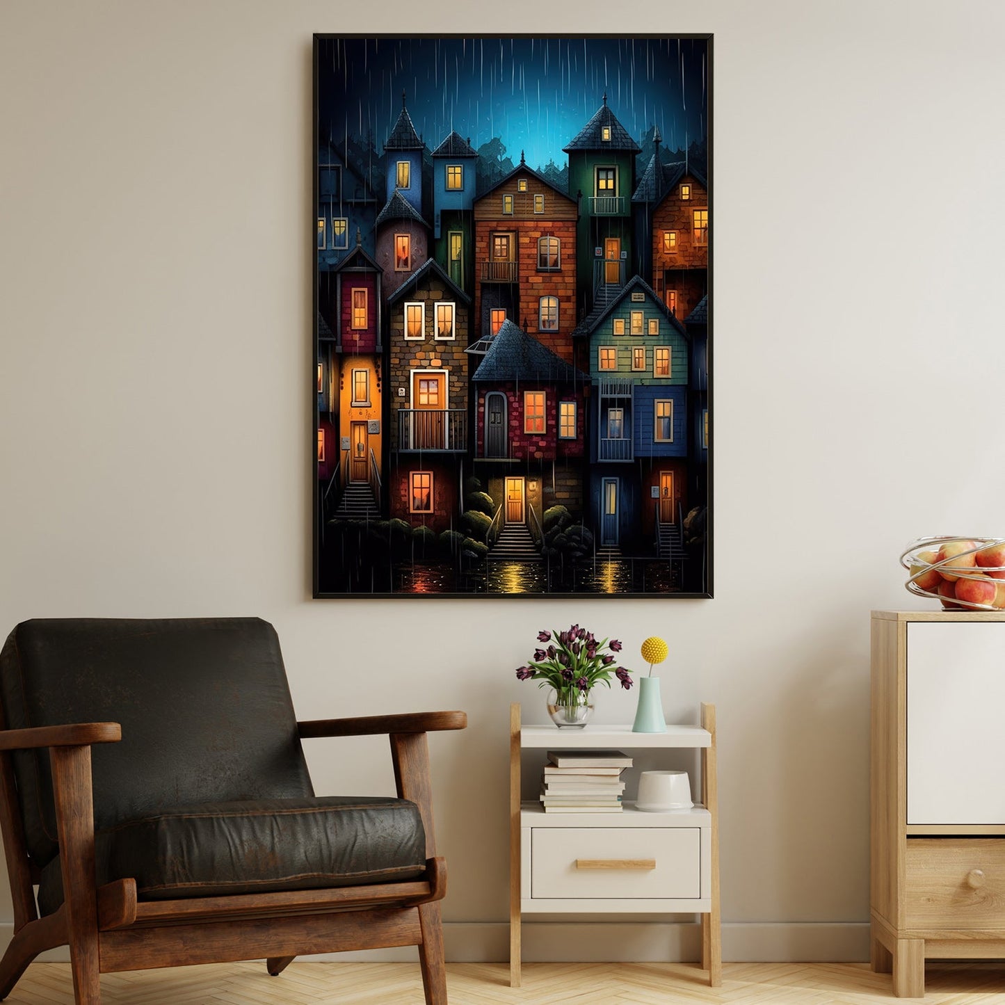 Colorful Houses At Night, House Canvas Painting, Village Wall Art Decor, Charming Town Poster Gift