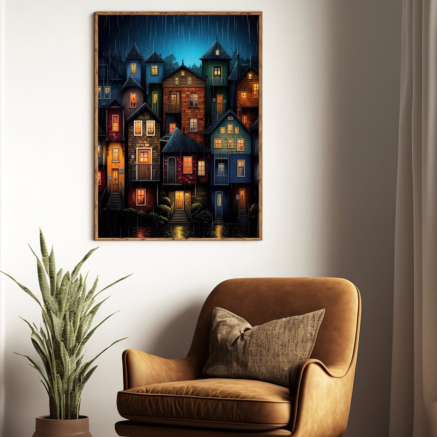 Colorful Houses At Night, House Canvas Painting, Village Wall Art Decor, Charming Town Poster Gift