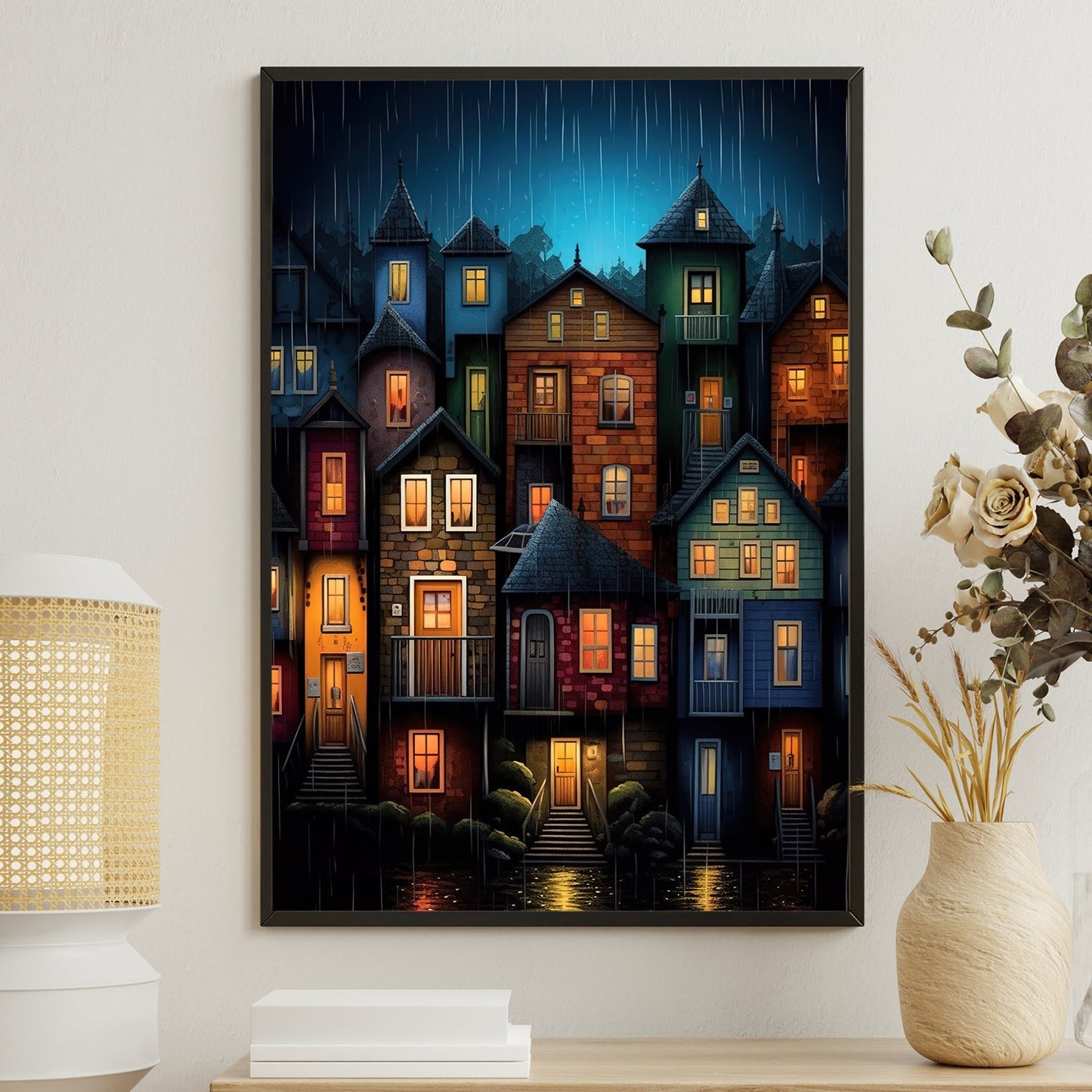 Colorful Houses At Night, House Canvas Painting, Village Wall Art Decor, Charming Town Poster Gift