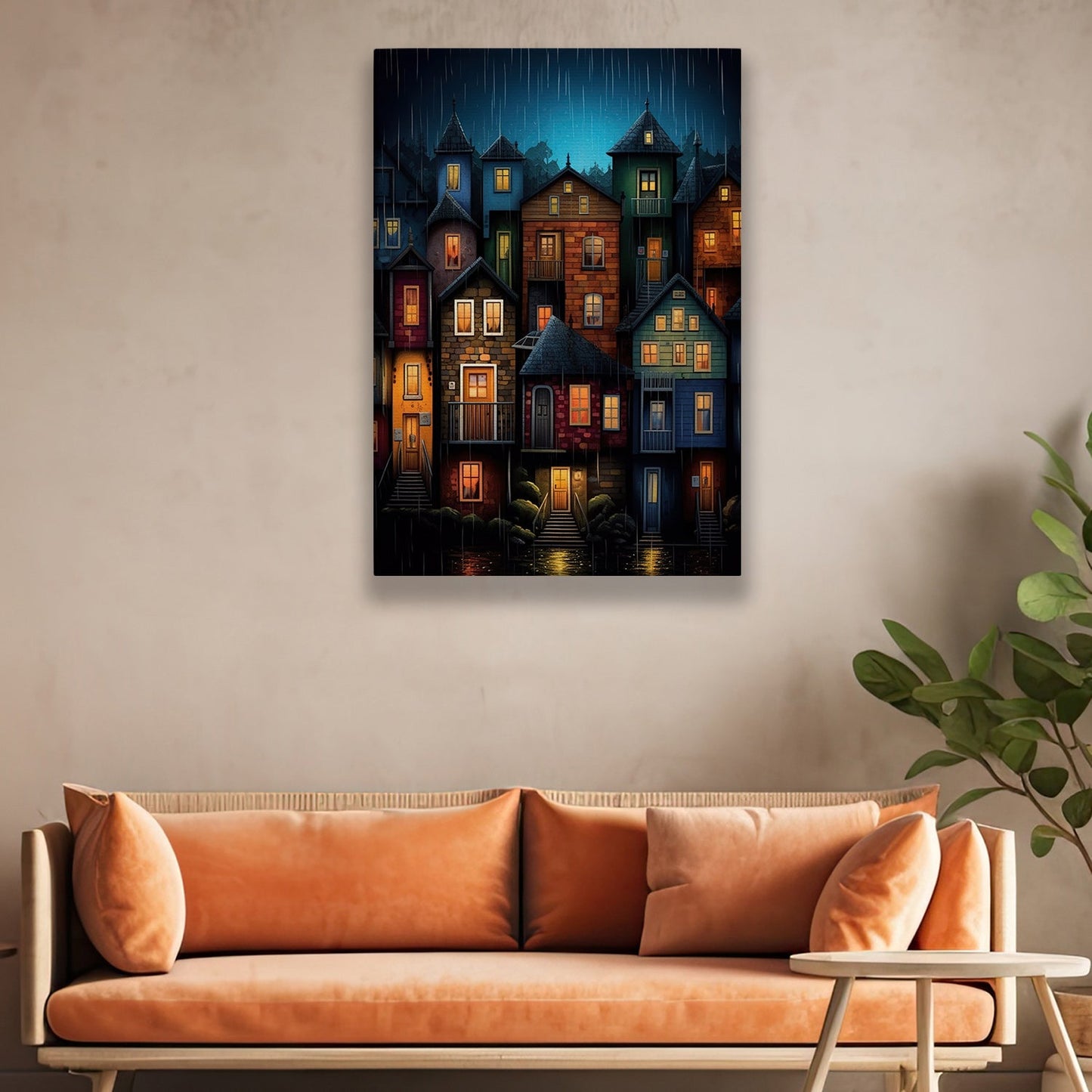 Colorful Houses At Night, House Canvas Painting, Village Wall Art Decor, Charming Town Poster Gift