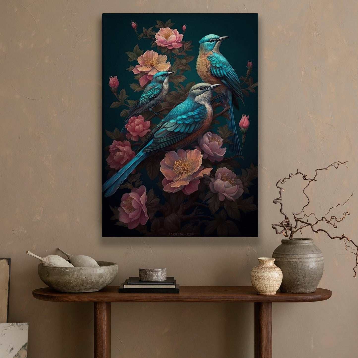 Vibrant Avian And Floral, Bird Canvas Painting, Wall Art Decor - Poster Gift For Bird Lovers