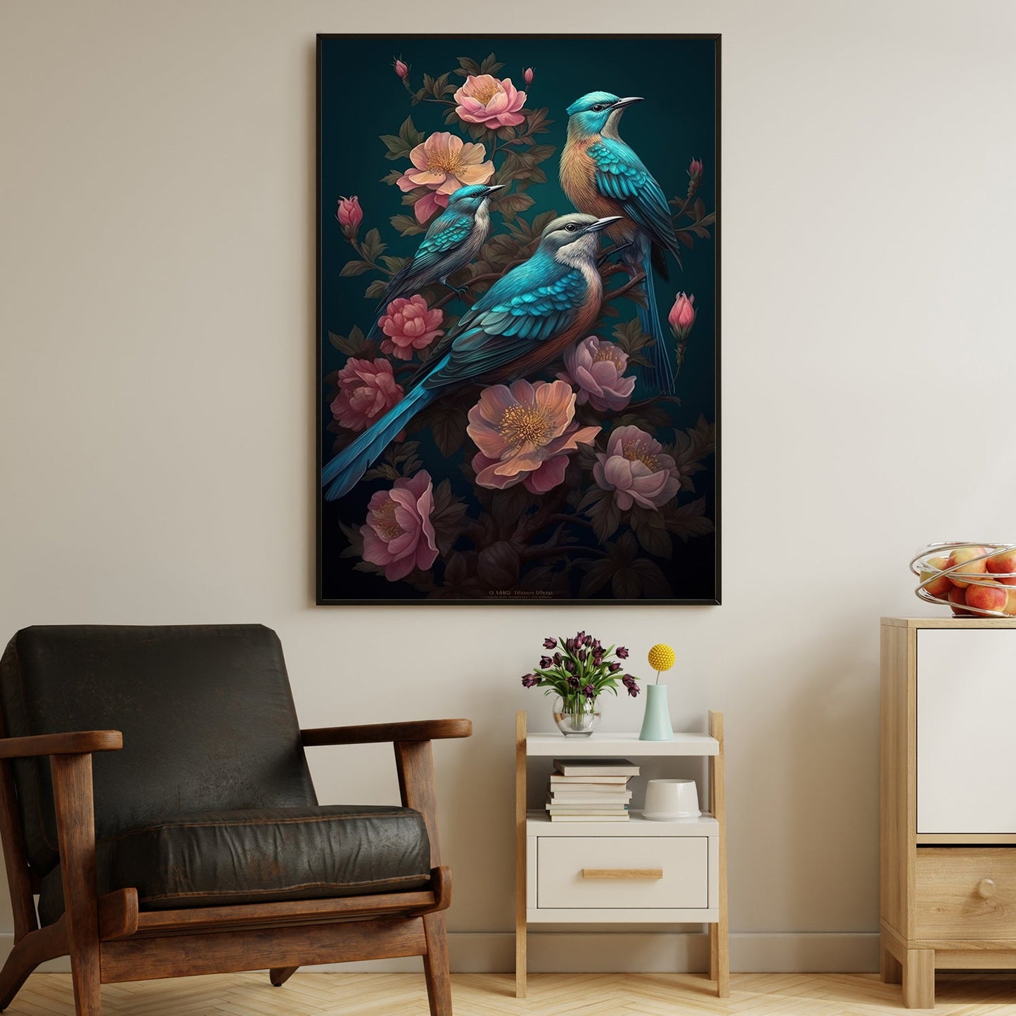 Vibrant Avian And Floral, Bird Canvas Painting, Wall Art Decor - Poster Gift For Bird Lovers