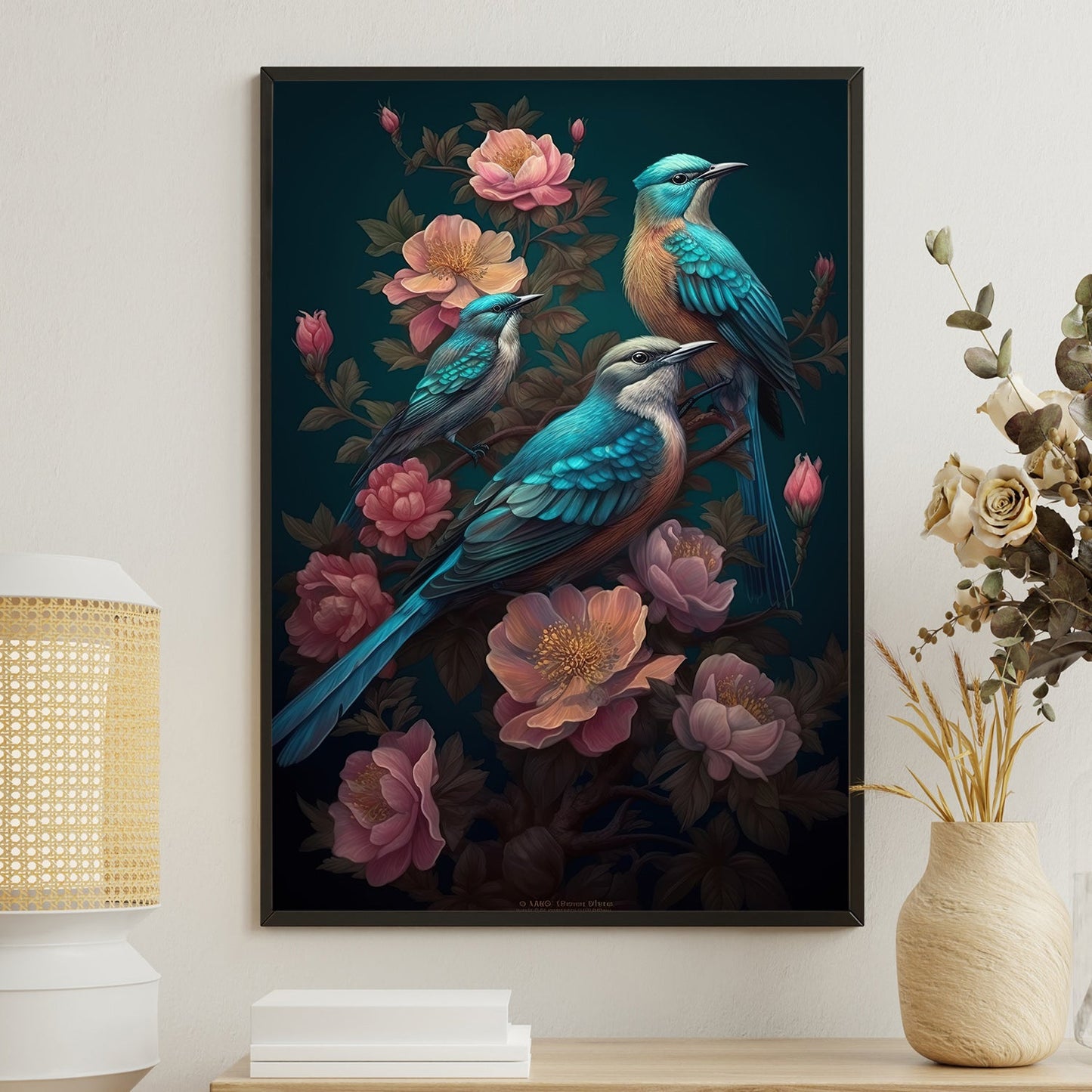 Vibrant Avian And Floral, Bird Canvas Painting, Wall Art Decor - Poster Gift For Bird Lovers