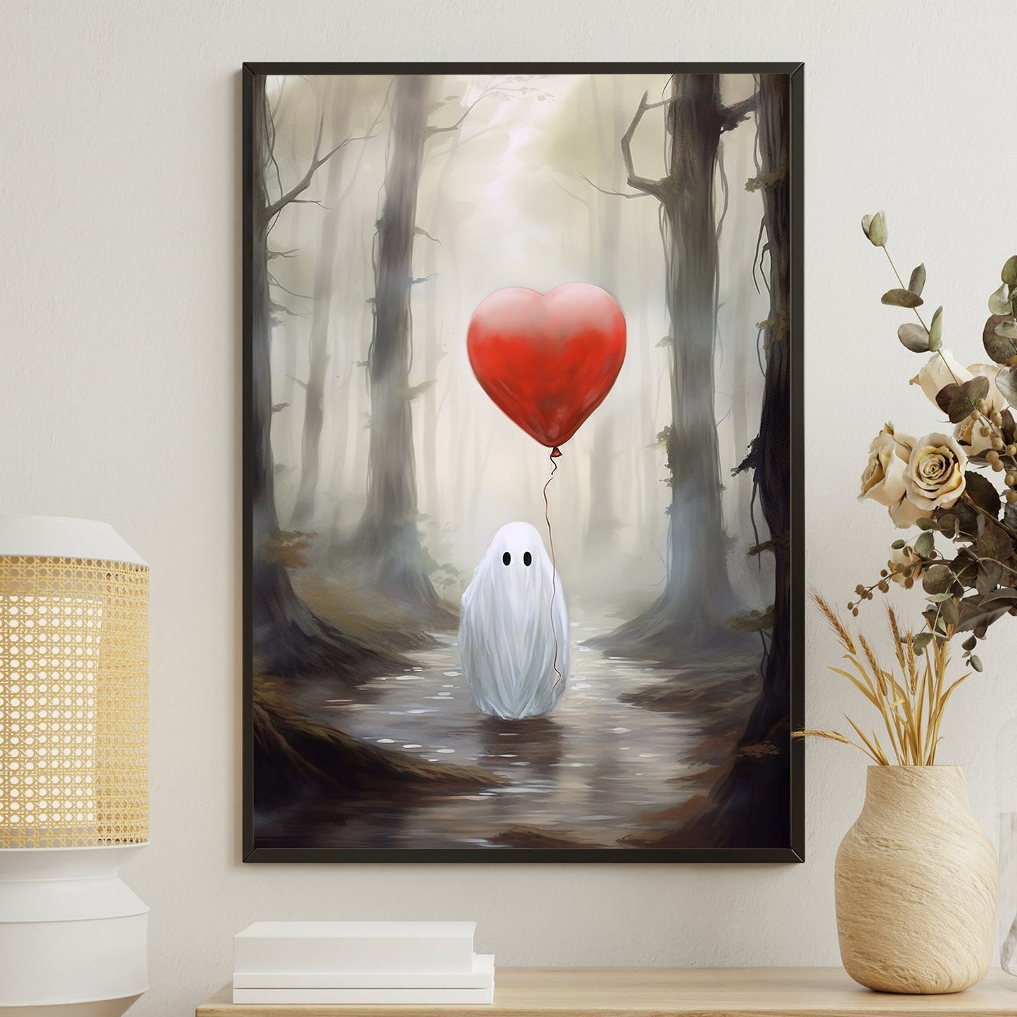 Ghost Hold Heart Balloon, Ghost Canvas Painting, Forest Wall Art Decor, Spooky Poster Gift