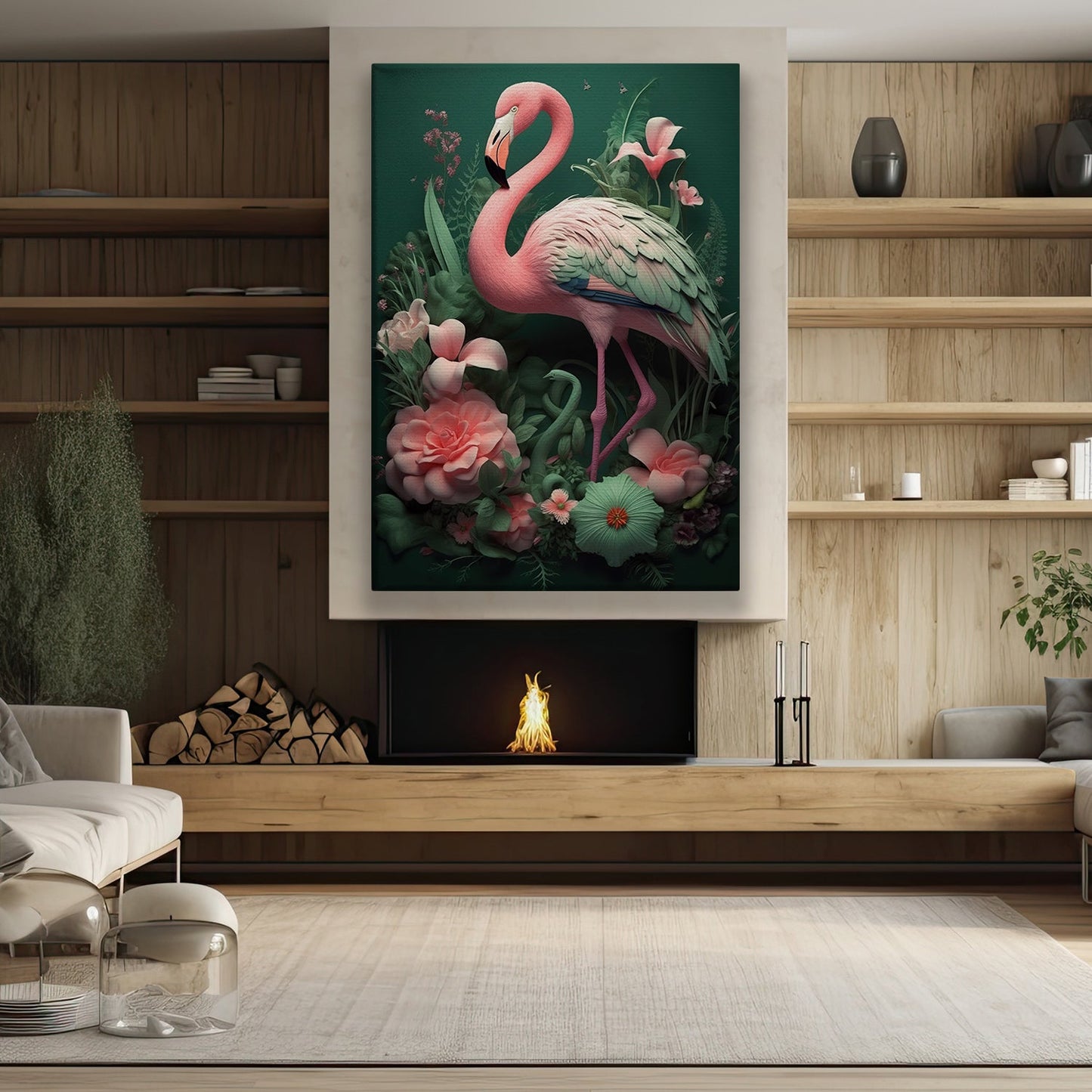 Stylized Flamingo In Garden, Garden Canvas Painting, Nature Wall Art Decor, Poster Gift For Flamingo Lovers