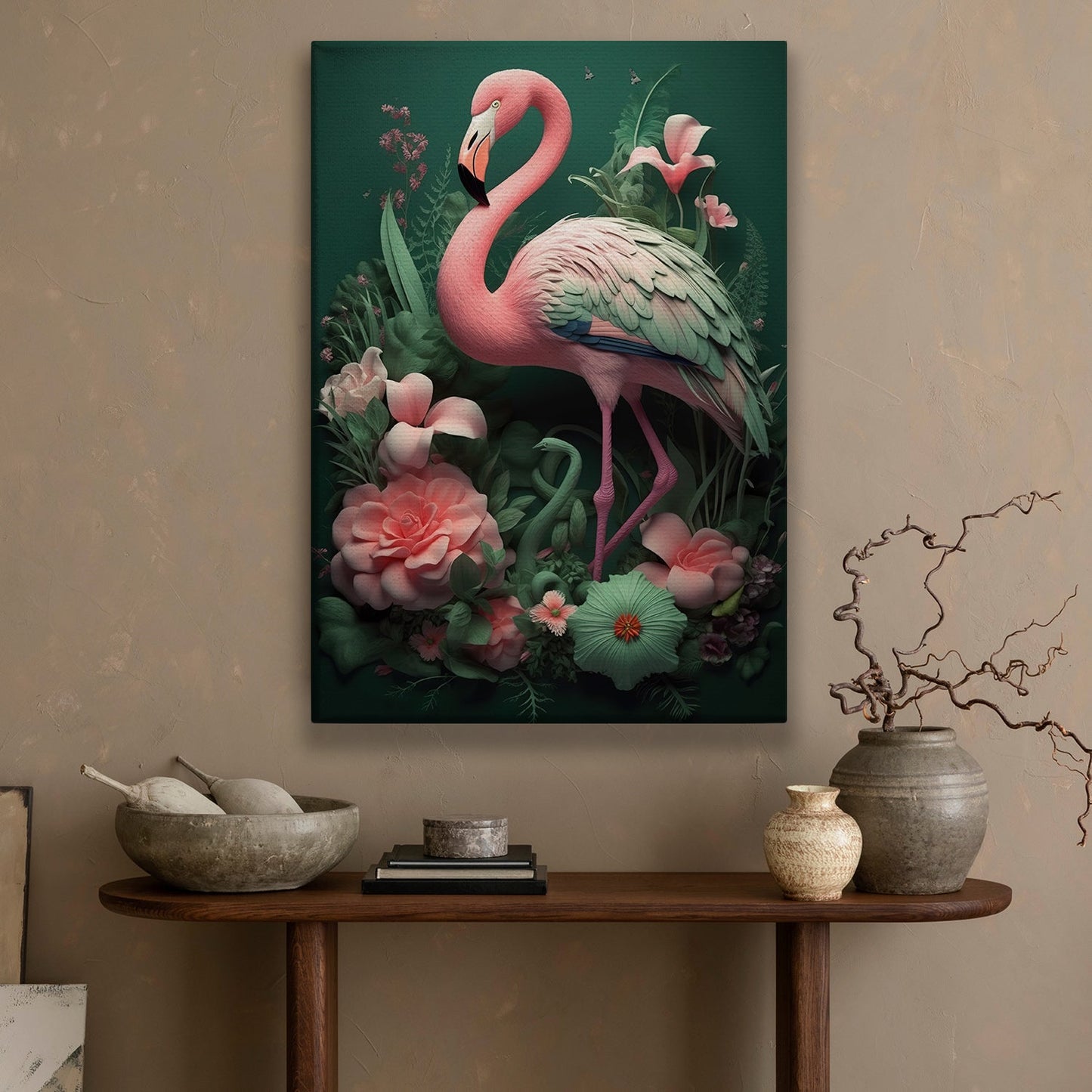 Stylized Flamingo In Garden, Garden Canvas Painting, Nature Wall Art Decor, Poster Gift For Flamingo Lovers