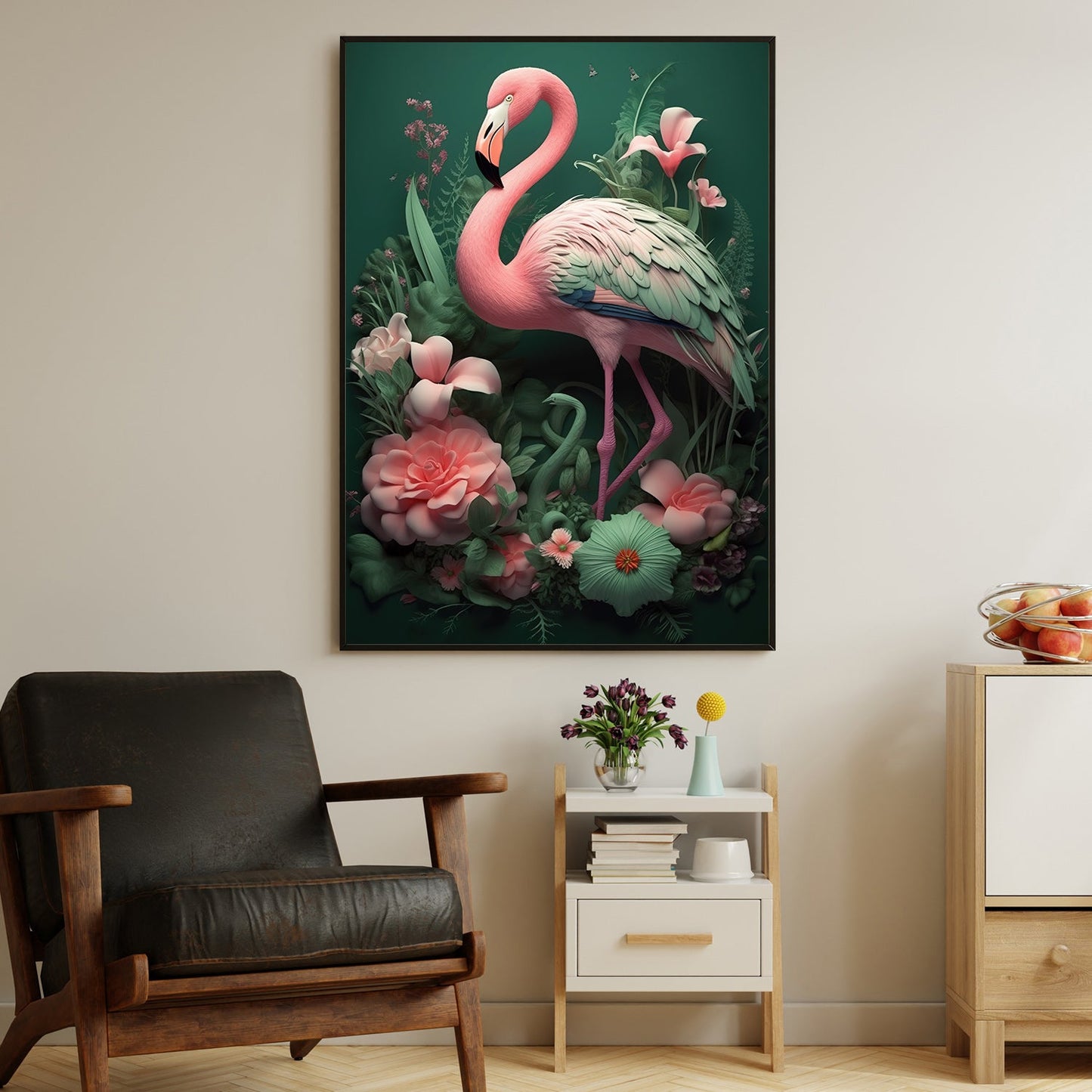 Stylized Flamingo In Garden, Garden Canvas Painting, Nature Wall Art Decor, Poster Gift For Flamingo Lovers