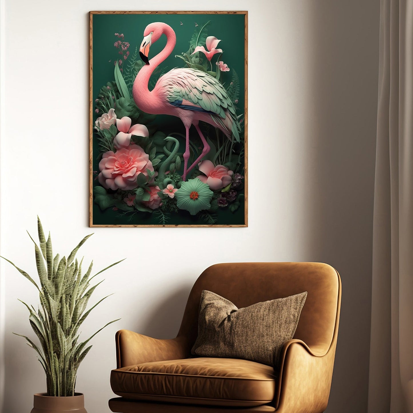 Stylized Flamingo In Garden, Garden Canvas Painting, Nature Wall Art Decor, Poster Gift For Flamingo Lovers