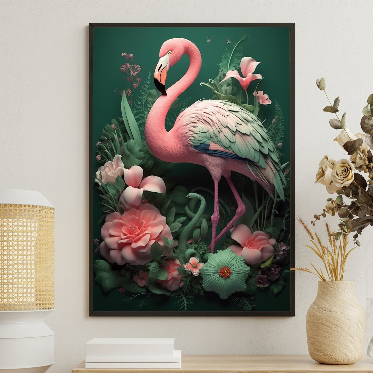 Stylized Flamingo In Garden, Garden Canvas Painting, Nature Wall Art Decor, Poster Gift For Flamingo Lovers