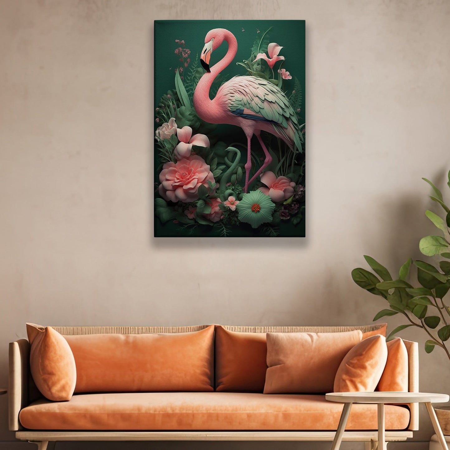 Stylized Flamingo In Garden, Garden Canvas Painting, Nature Wall Art Decor, Poster Gift For Flamingo Lovers