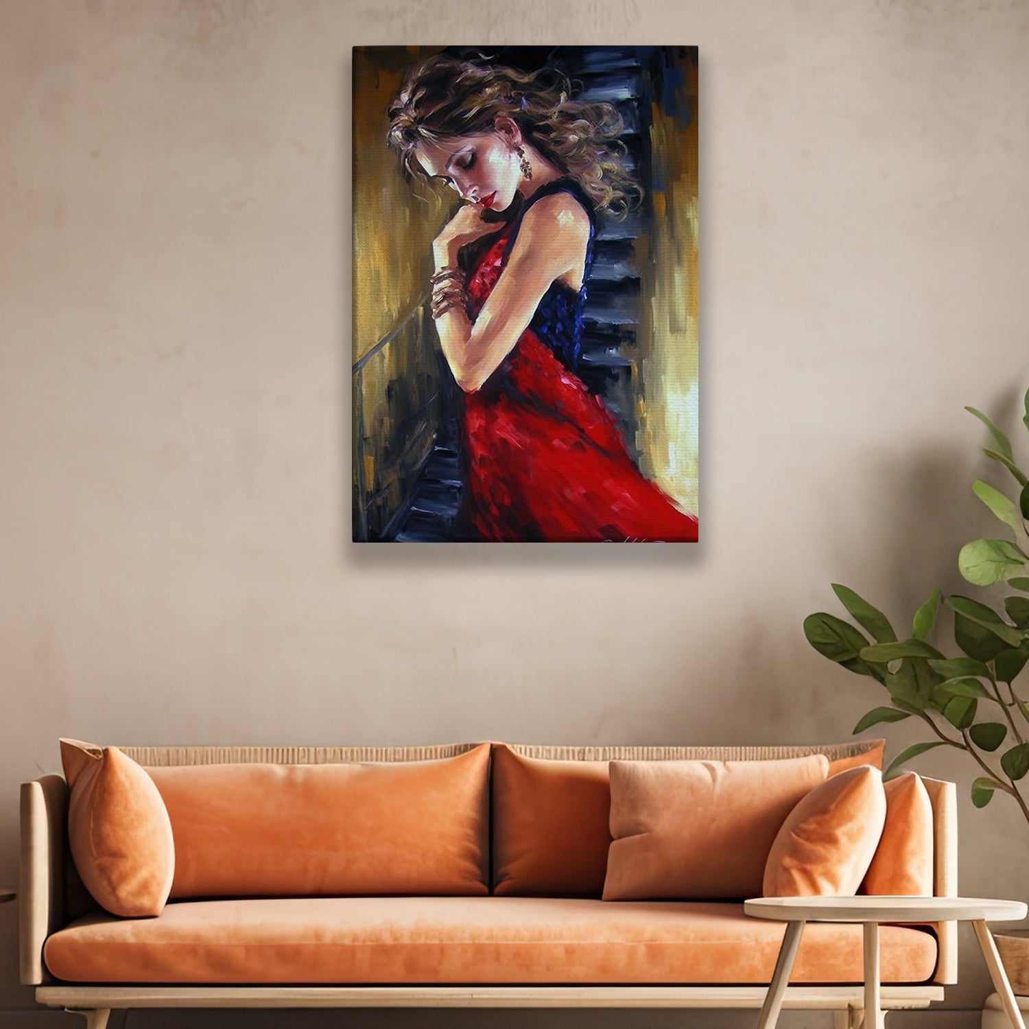 lady in red dress canvas Lady in Red Dress in Garden Painting Canvas Print, Woman in Red Poster, Woman in Scenic Garden Poster, Woman Bedroom Wall Decor