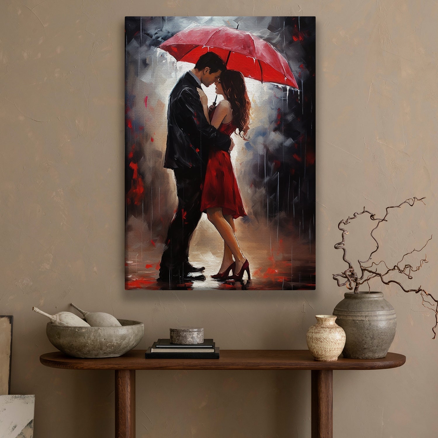 Romance In The Rain, Love Couple Canvas Painting, Wall Art Decor
