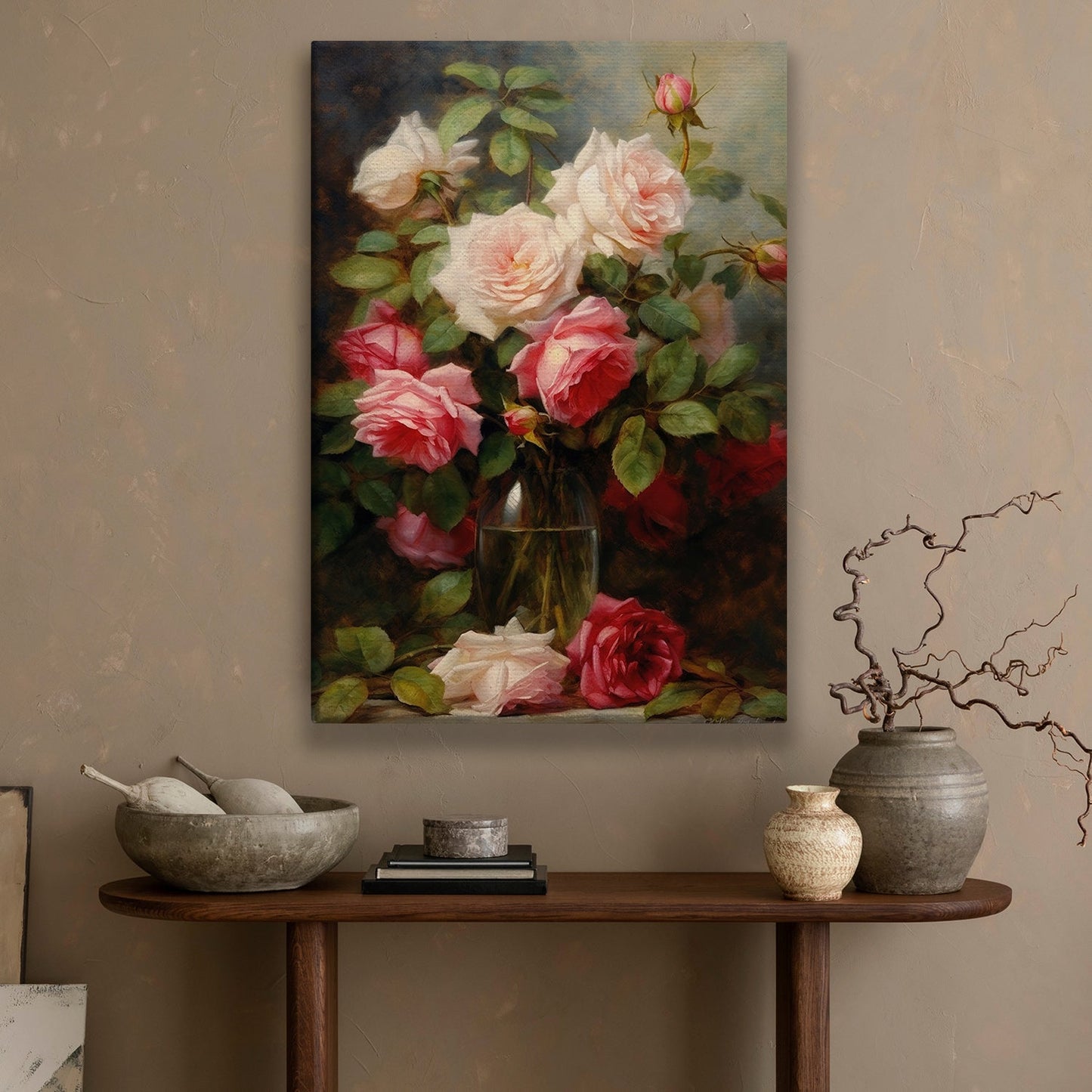 Beautiful Rose In Vase, Modern Flower Canvas Painting, Wall Art Decor, Poster Gift For Roses Lovers