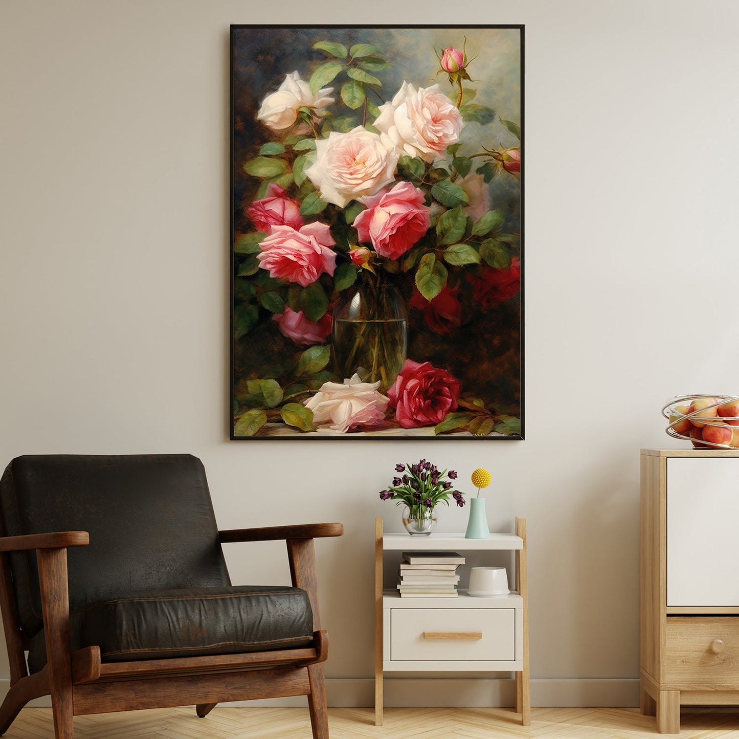 Beautiful Rose In Vase, Modern Flower Canvas Painting, Wall Art Decor, Poster Gift For Roses Lovers