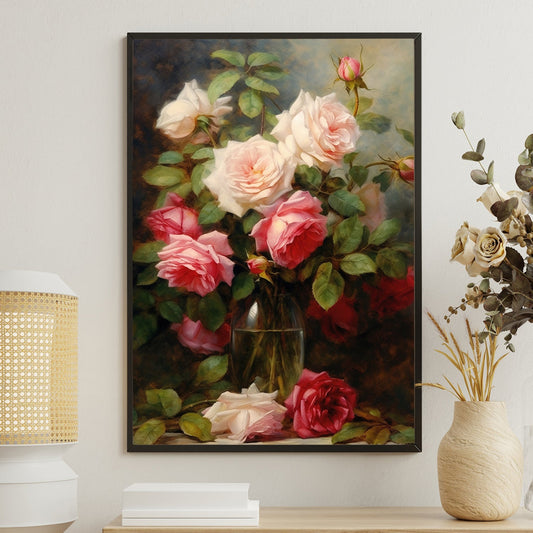 Beautiful Rose In Vase, Modern Flower Canvas Painting, Wall Art Decor, Poster Gift For Roses Lovers