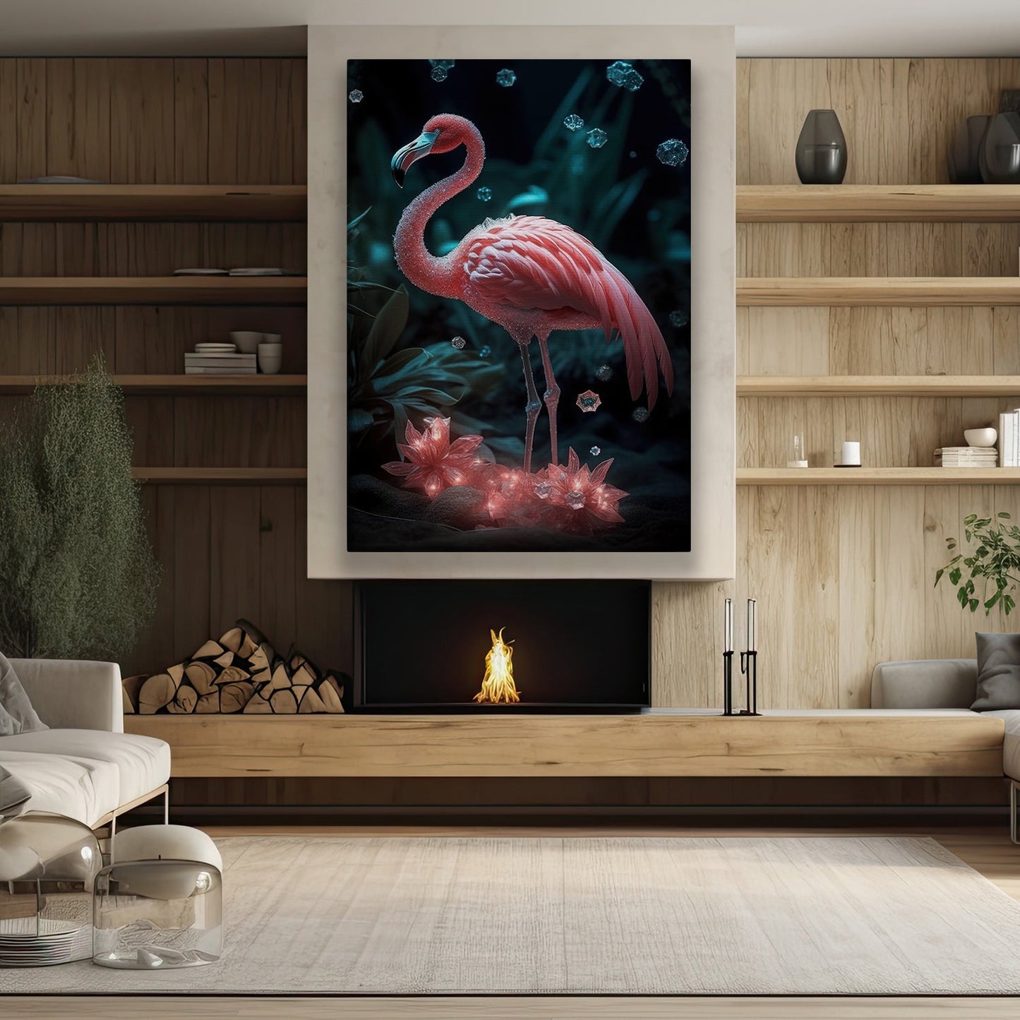 Elegant Flamingo In Mystical Garden, Fantasy Flamingo Canvas Painting, Mystical Flower Wall Art Decor, Poster Gift For Flamingo Lovers