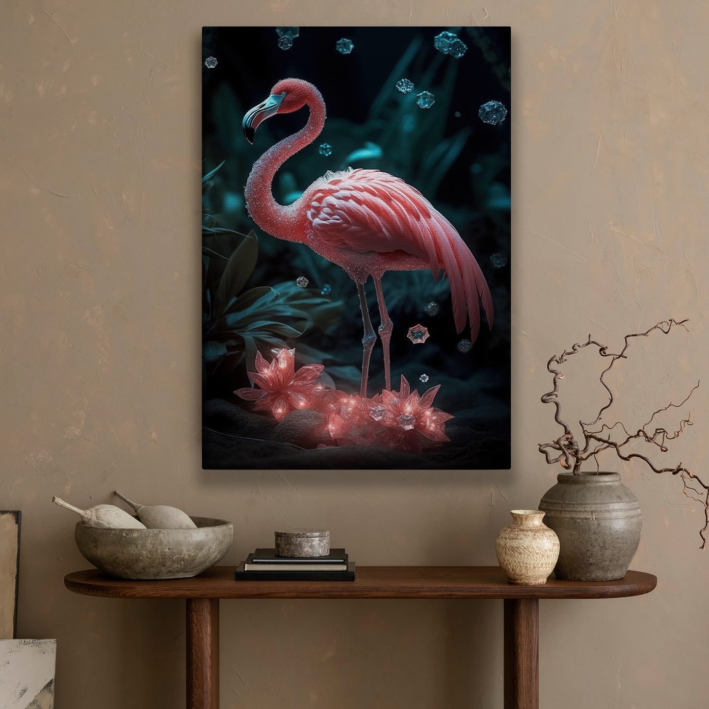 Elegant Flamingo In Mystical Garden, Fantasy Flamingo Canvas Painting, Mystical Flower Wall Art Decor, Poster Gift For Flamingo Lovers