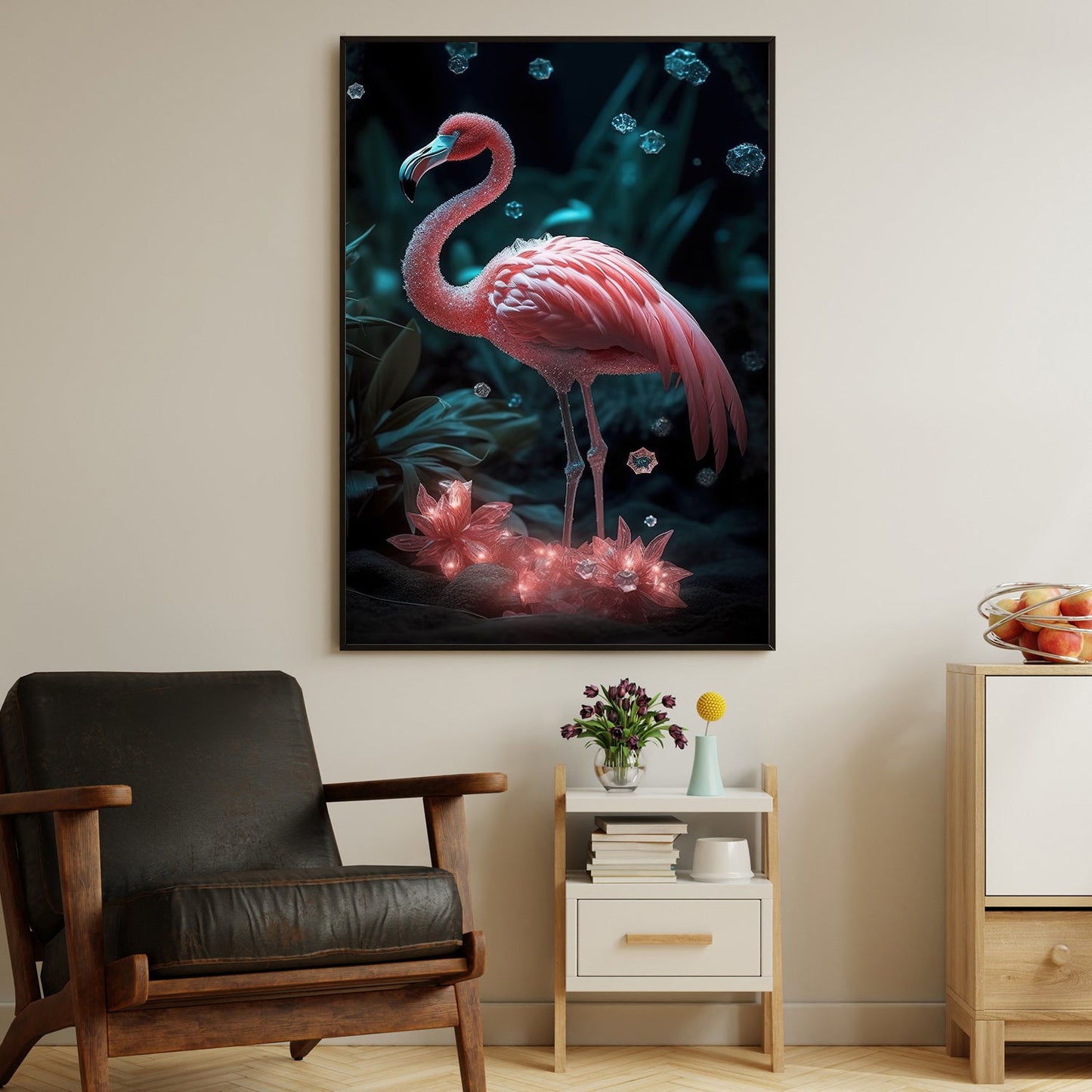 Elegant Flamingo In Mystical Garden, Fantasy Flamingo Canvas Painting, Mystical Flower Wall Art Decor, Poster Gift For Flamingo Lovers