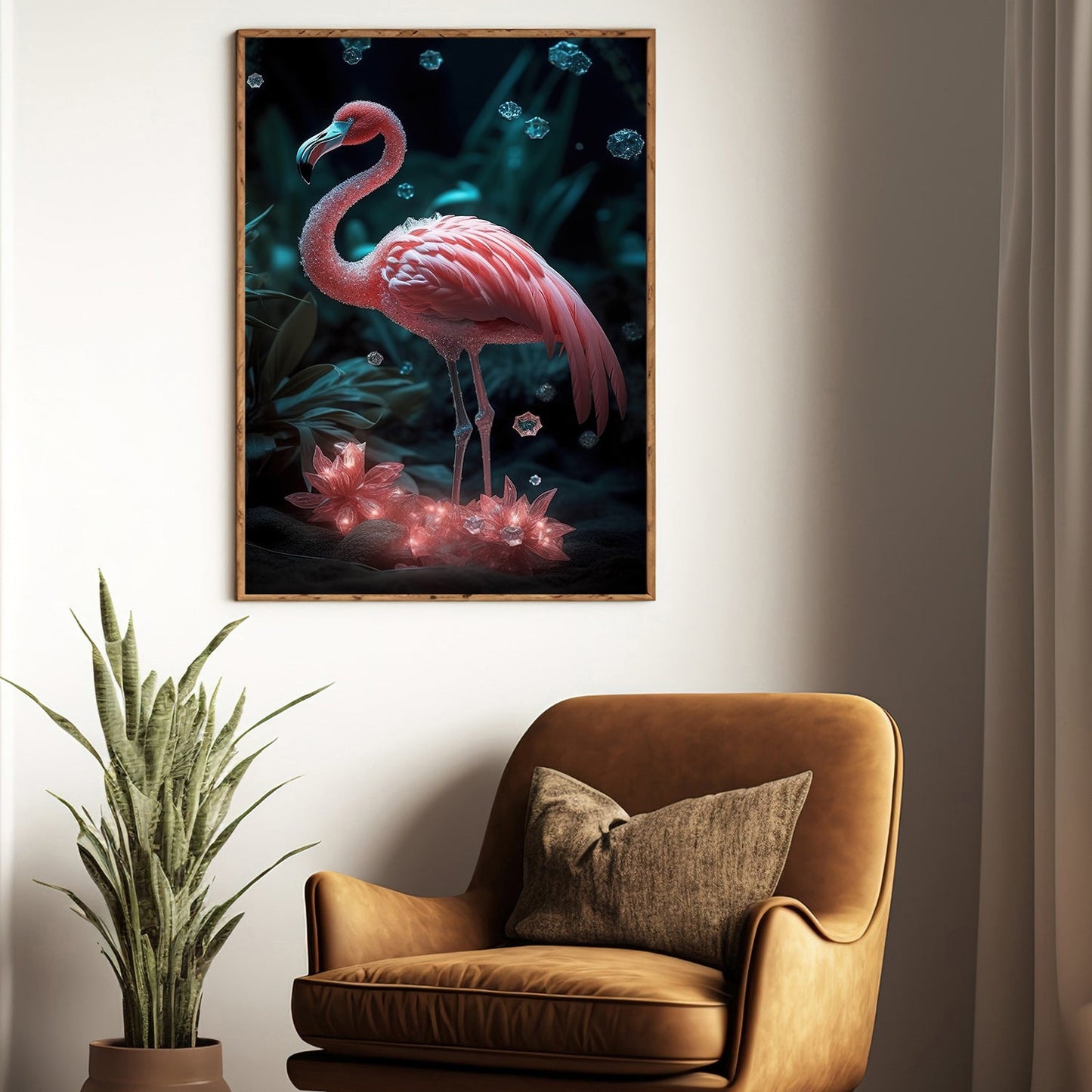 Elegant Flamingo In Mystical Garden, Fantasy Flamingo Canvas Painting, Mystical Flower Wall Art Decor, Poster Gift For Flamingo Lovers