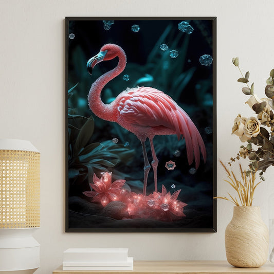 Elegant Flamingo In Mystical Garden, Fantasy Flamingo Canvas Painting, Mystical Flower Wall Art Decor, Poster Gift For Flamingo Lovers