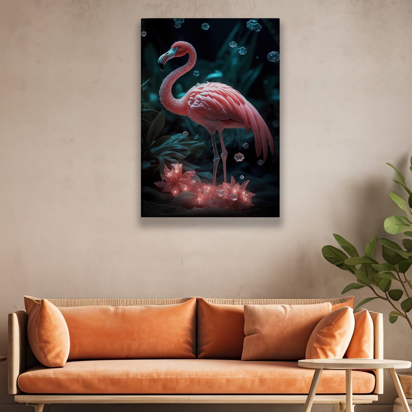 Elegant Flamingo In Mystical Garden, Fantasy Flamingo Canvas Painting, Mystical Flower Wall Art Decor, Poster Gift For Flamingo Lovers