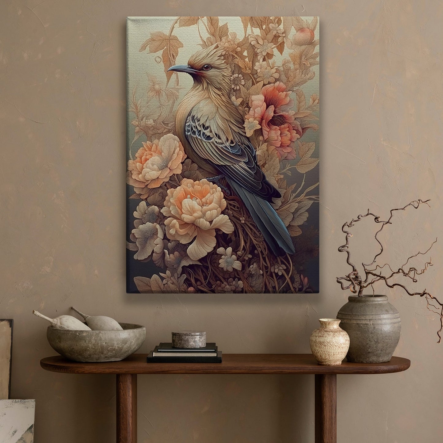 Elegant Bird And Flowers, Bird Canvas Painting, Mystical Bird Wall Art Decor, Poster Gift For Bird Lovers