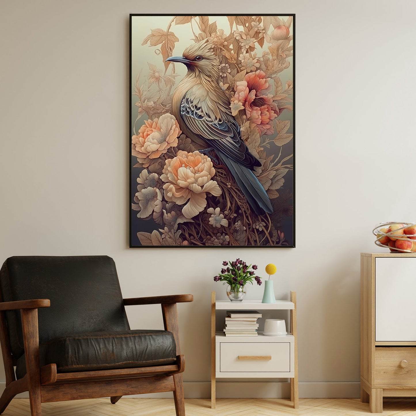 Elegant Bird And Flowers, Bird Canvas Painting, Mystical Bird Wall Art Decor, Poster Gift For Bird Lovers