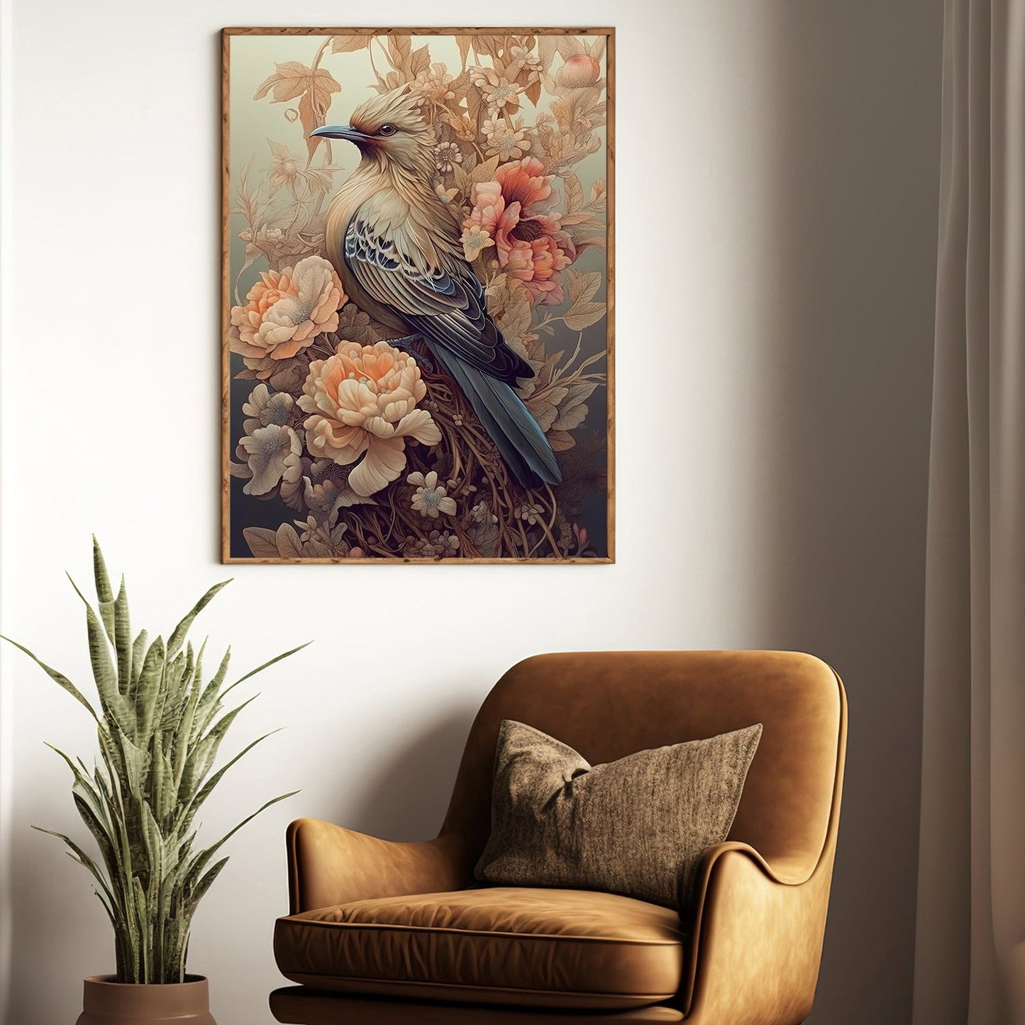 Elegant Bird And Flowers, Bird Canvas Painting, Mystical Bird Wall Art Decor, Poster Gift For Bird Lovers