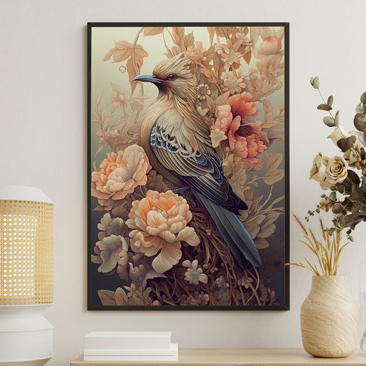 Elegant Bird And Flowers, Bird Canvas Painting, Mystical Bird Wall Art Decor, Poster Gift For Bird Lovers